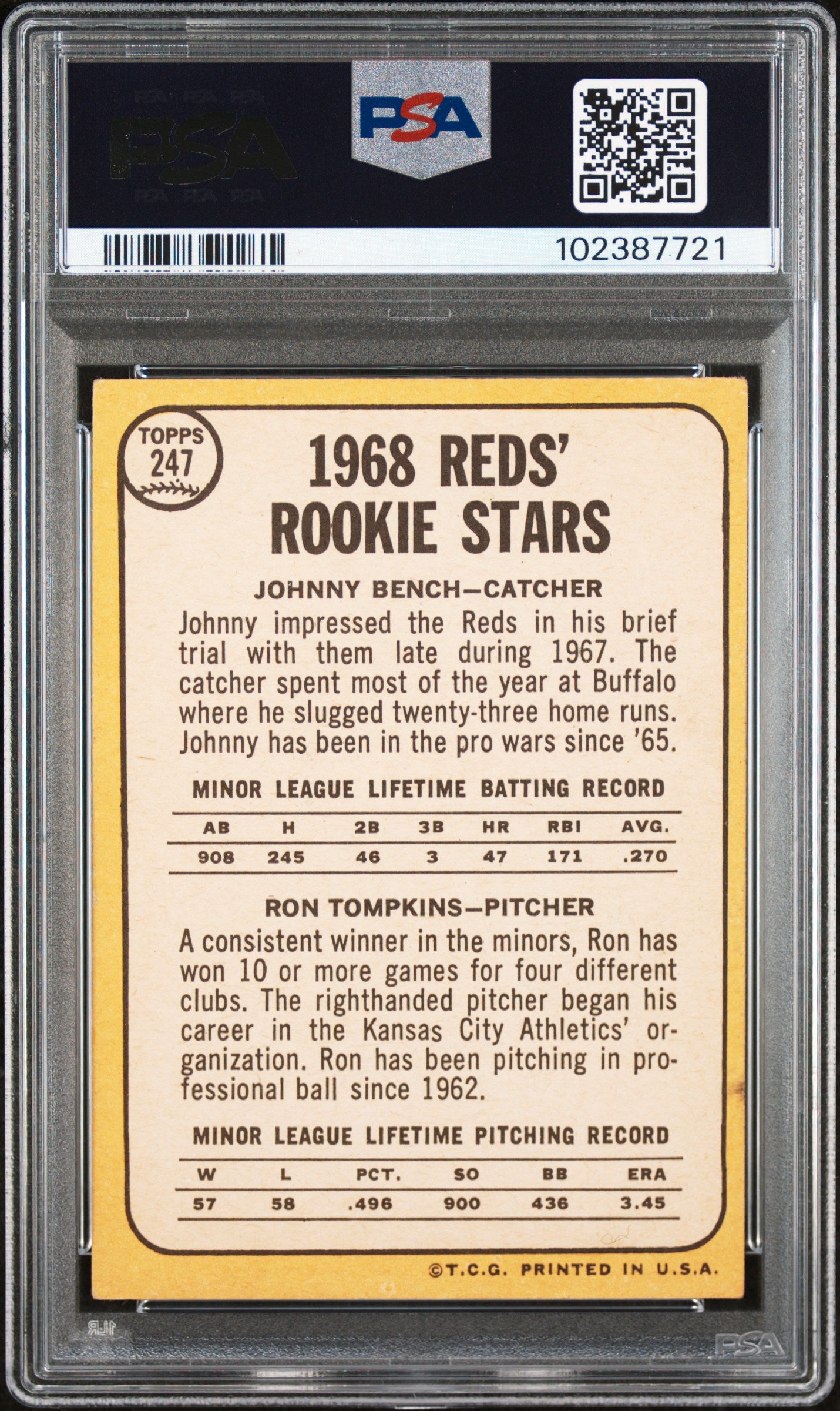 1968 Topps Reds Rookies #247 J. Bench R. Tompkins PSA 3