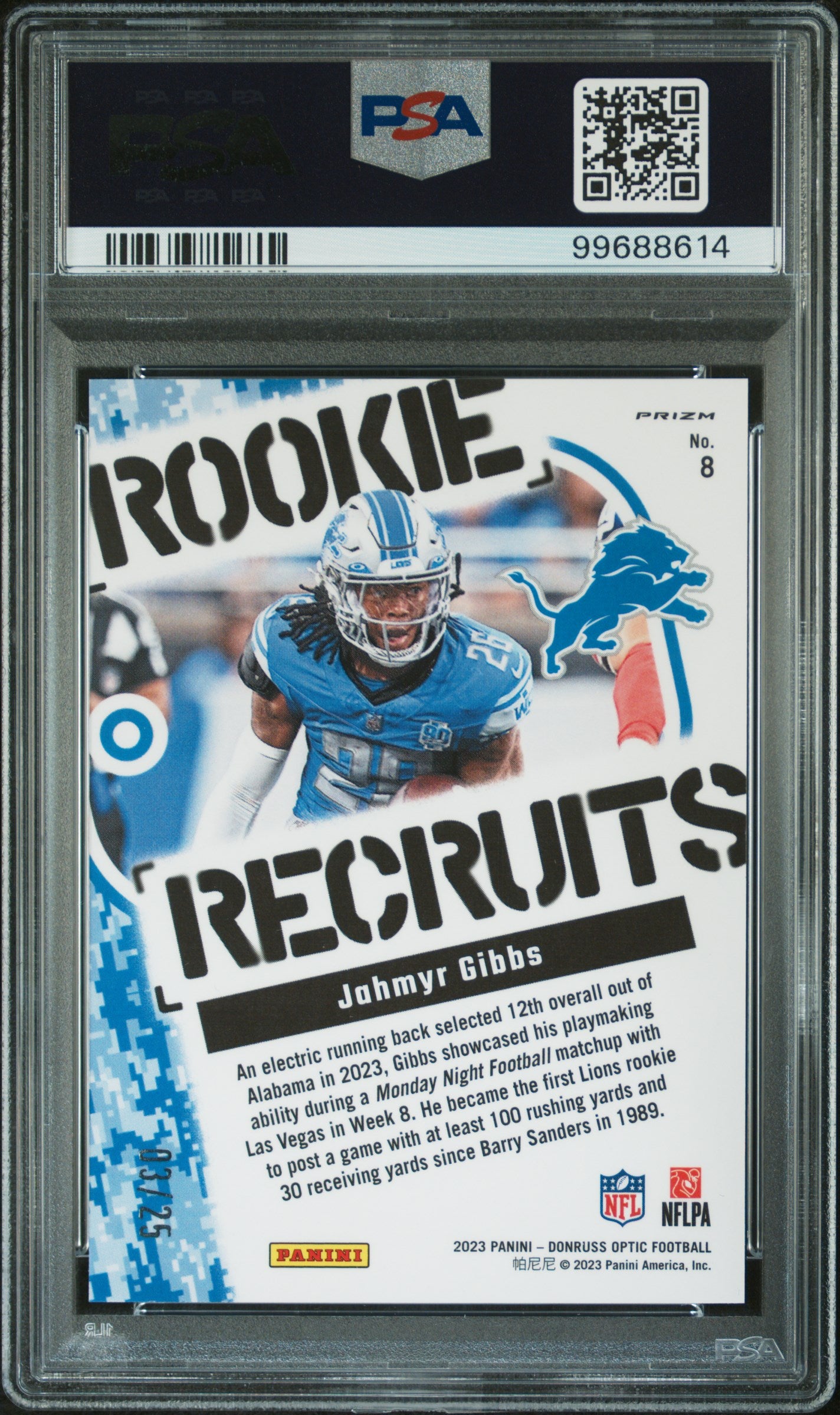 2023 Panini Donruss Optic Rookie Recruits Jahmyr Gibbs #8 PSA 10