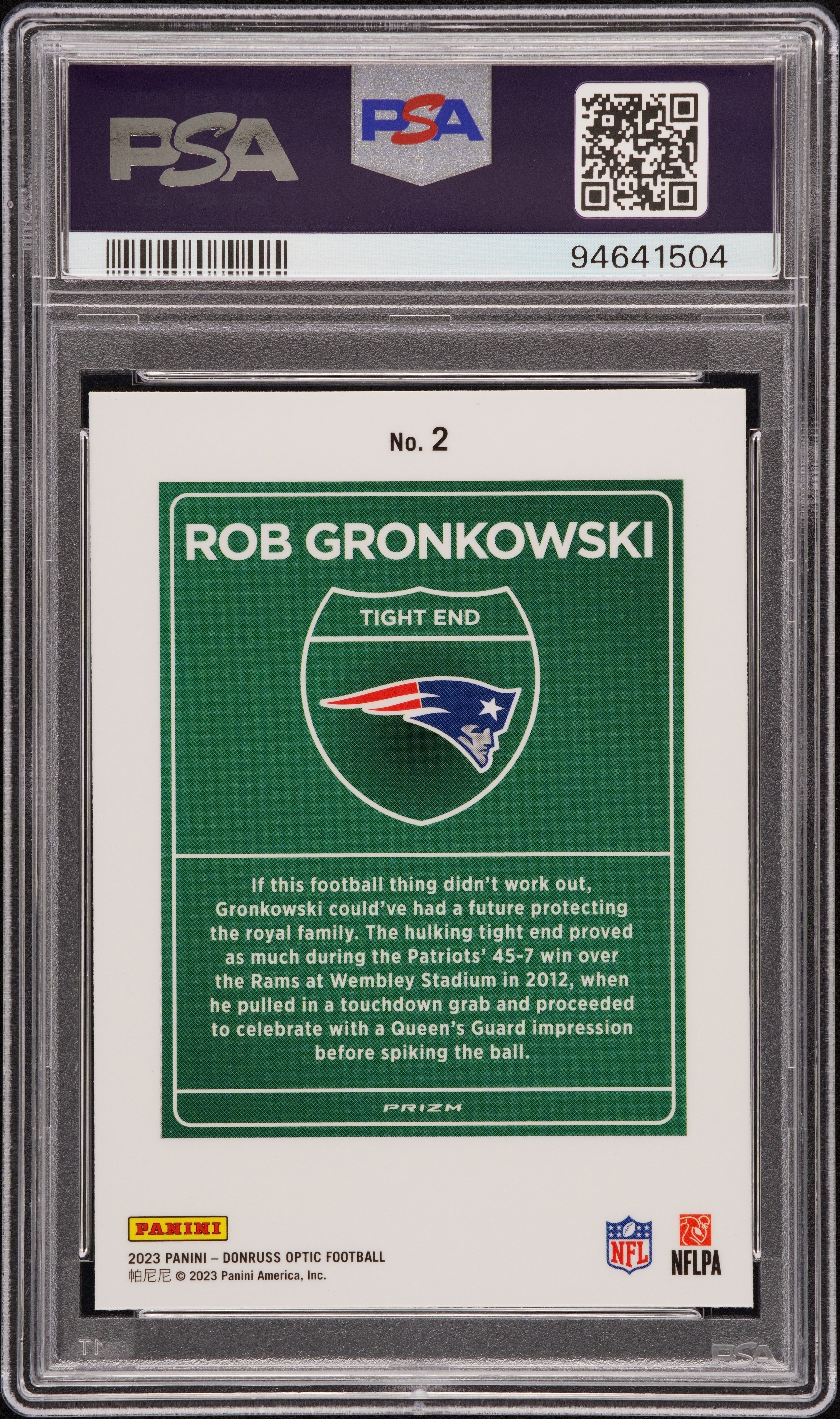 2023 Panini Donruss Optic International Downtown Rob Gronkowski #2 PSA 10