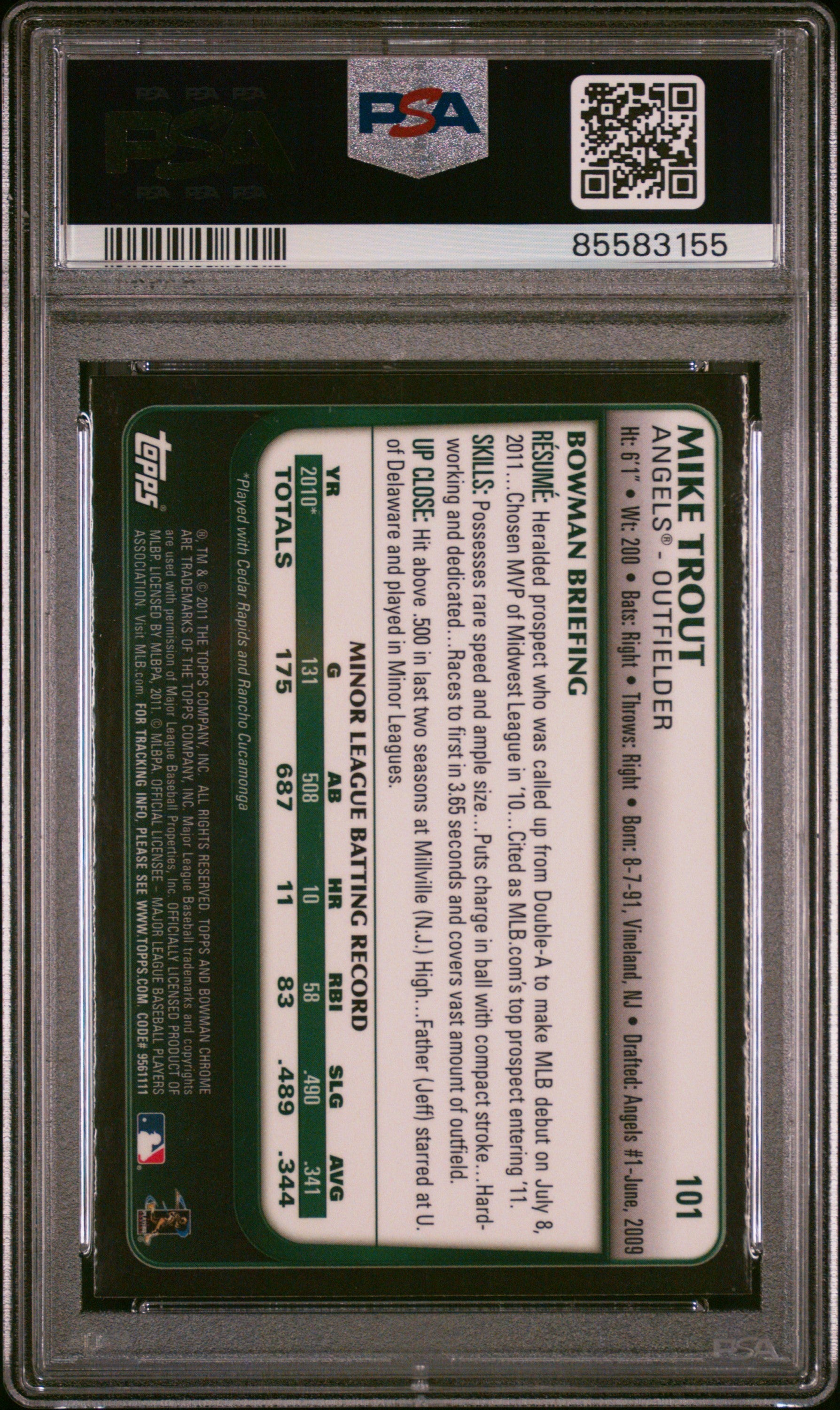 2011 Bowman Chrome Draft Mike Trout #101 Draft PSA 9