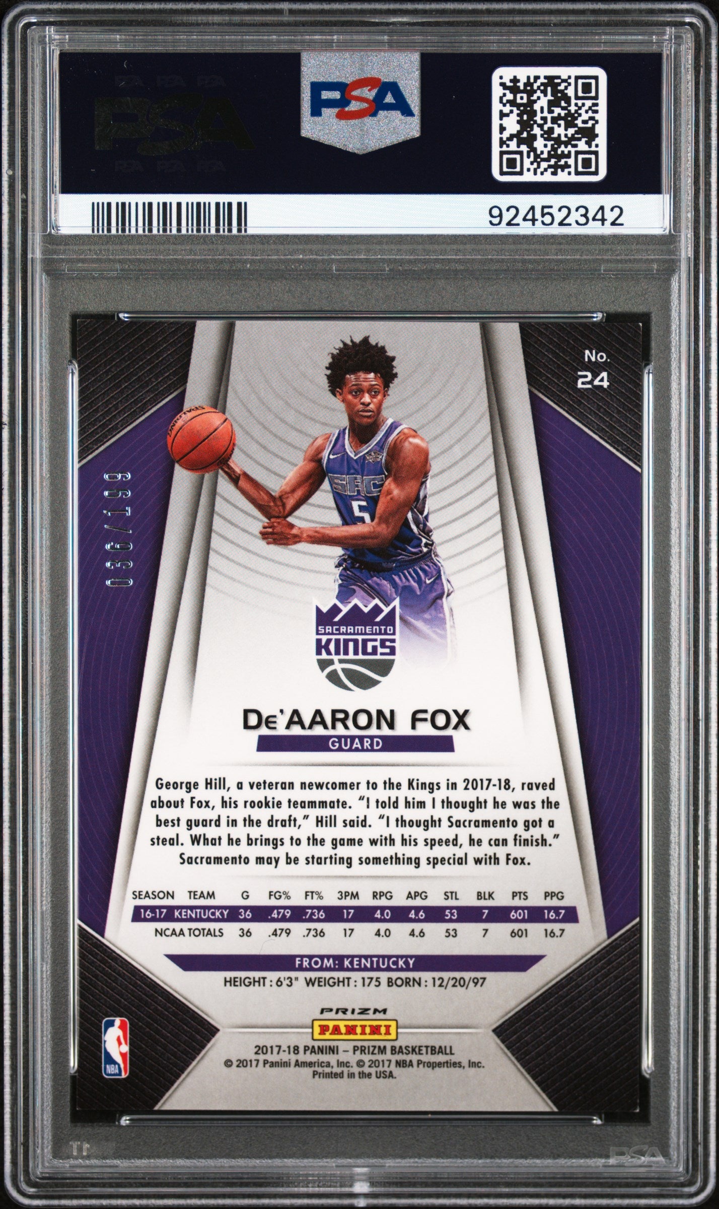 2017 Panini Prizm De'aaron Fox #24 PSA 9