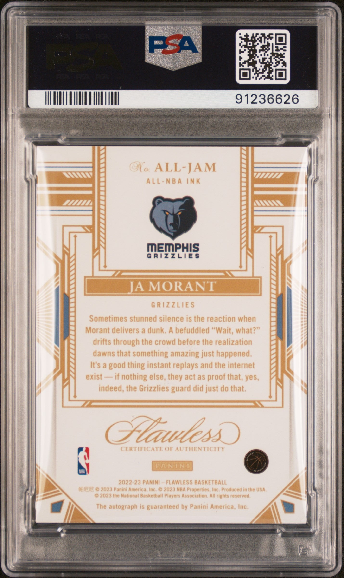 2022 Panini Flawless All-NBA Ink Ja Morant #ALLJAM Blue 7 / 8 PSA 9 Auto 10