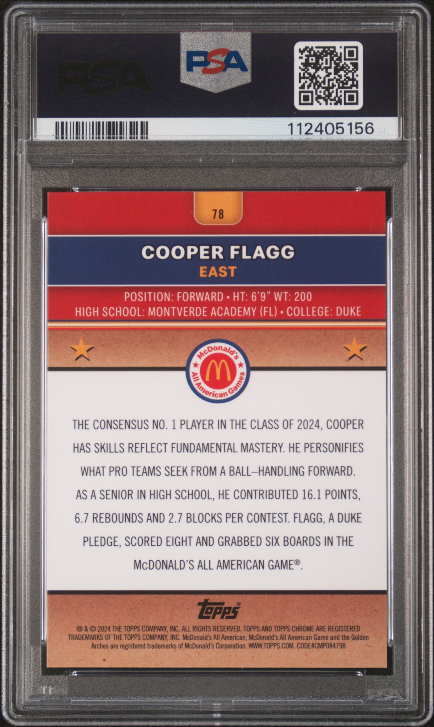 2024 Topps Chrome Mcdonald's All American Cooper Flagg #78 Black Refractor 01/10 PSA 10