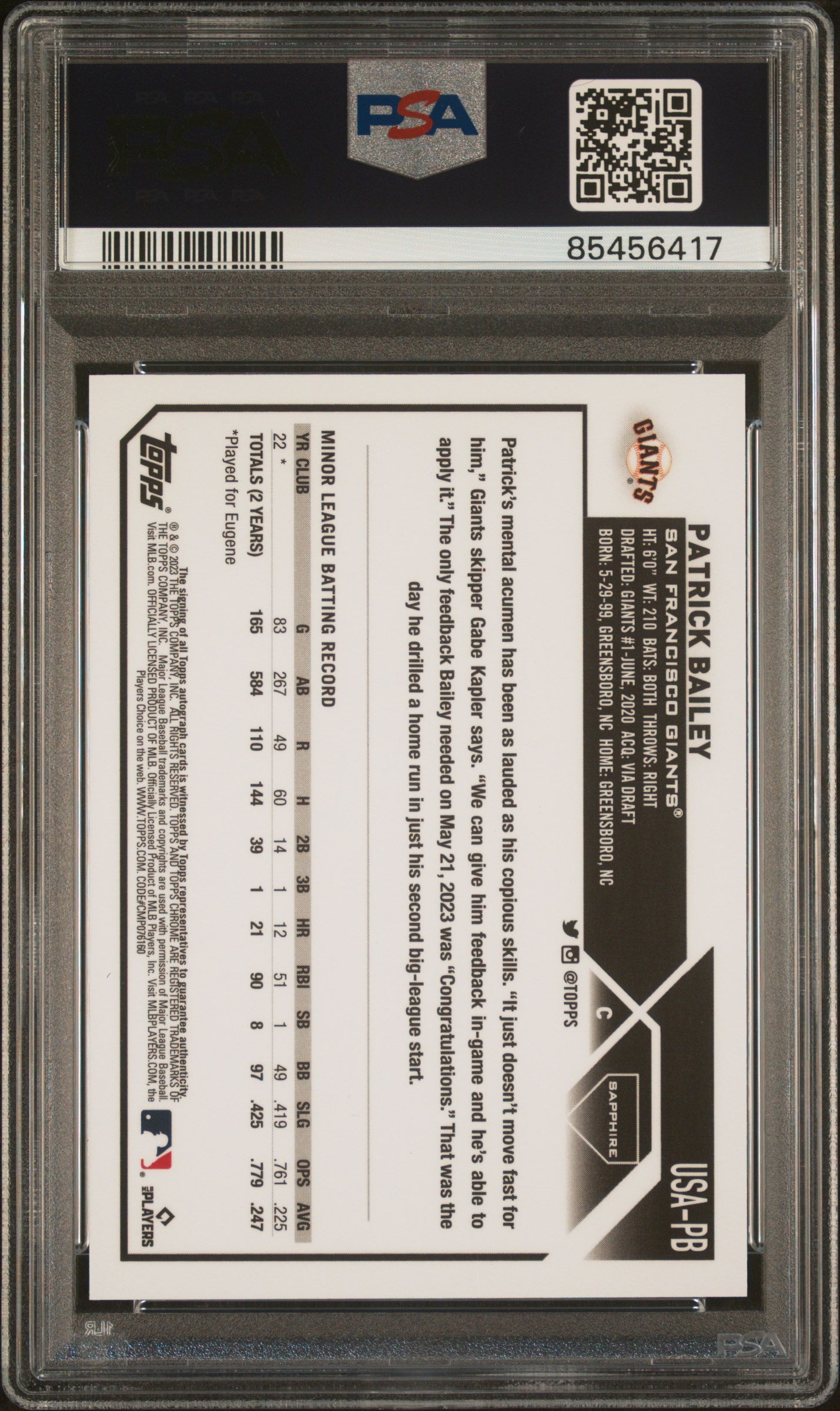 2023 Topps Chrome Update Sapphire Edition Autograph Patrick Bailey #PB Orange 04/25 PSA 9