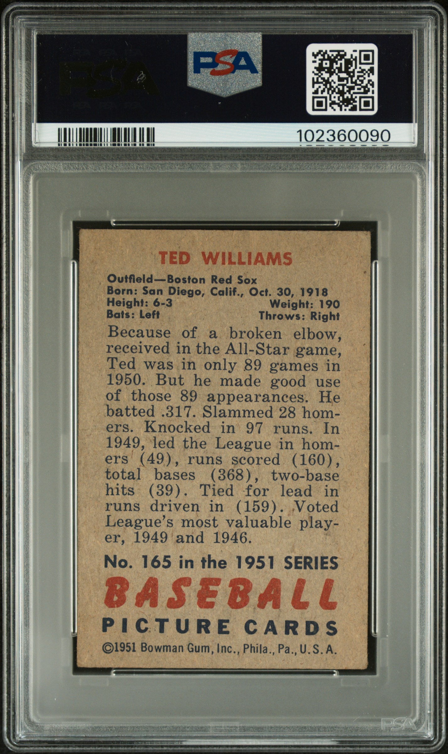 1951 Bowman Ted Williams #165 PSA 2