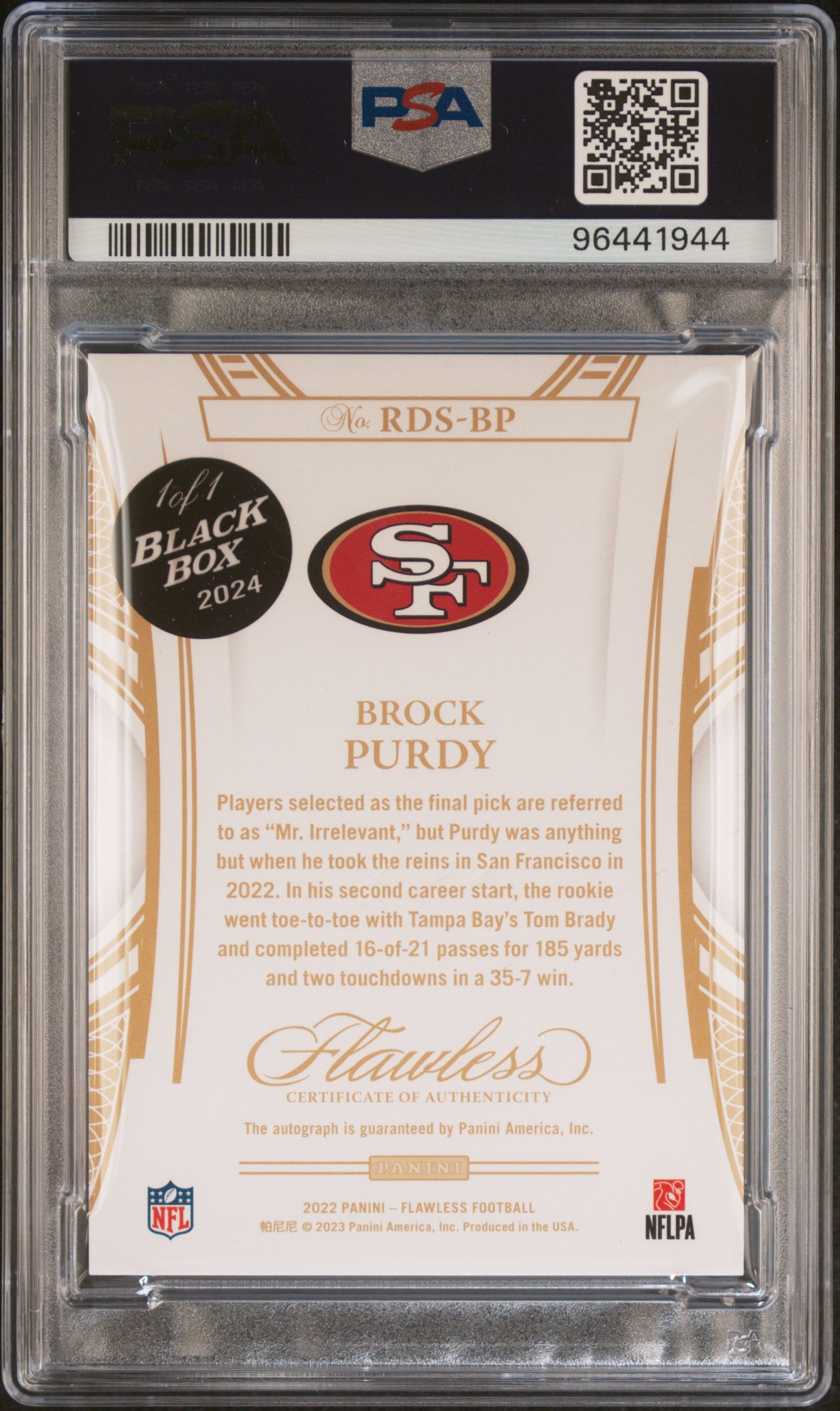 2024 Panini Black Box Brock Purdy #RDSBP '22 Flawless RKE Debut SIG 1/1 PSA 9