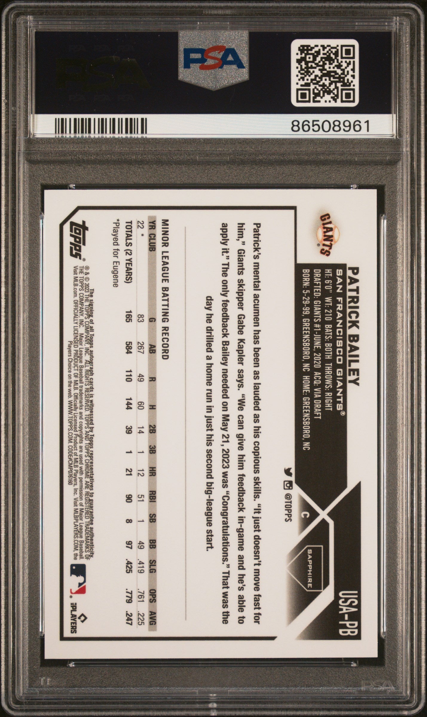 2023 Topps Chrome Update Sapphire Edition Autograph Patrick Bailey #PB Green 24/99 PSA 9