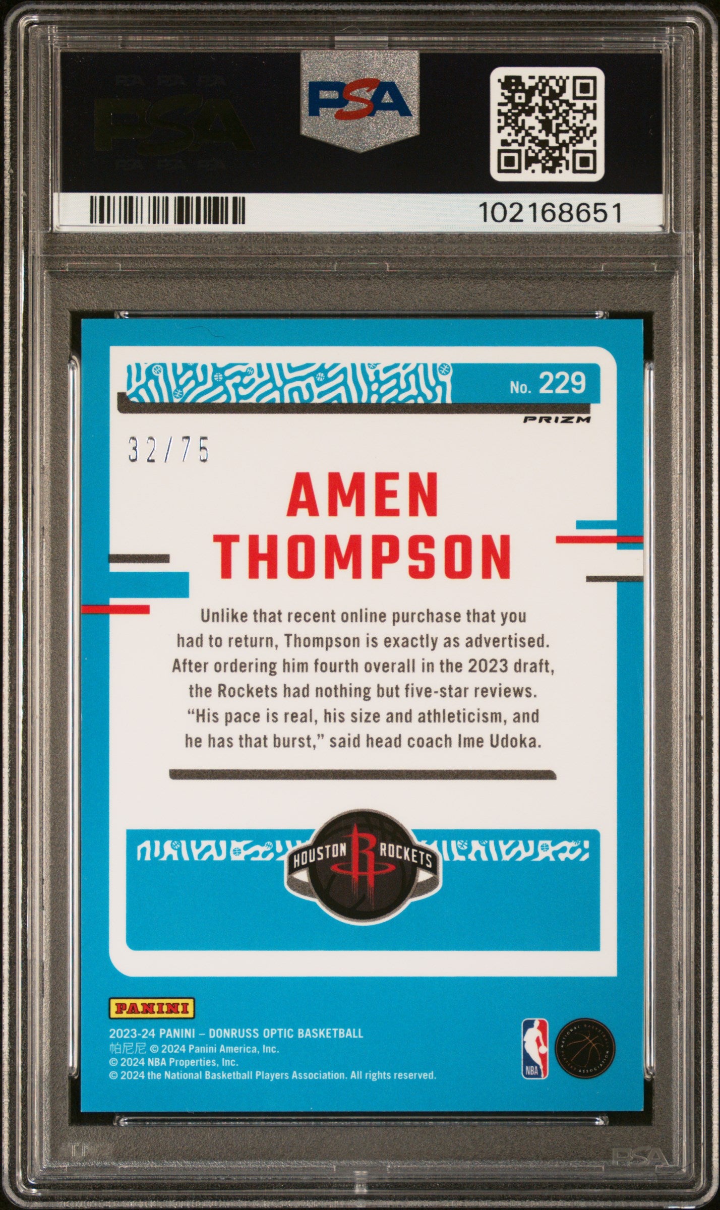 2023 Panini Donruss Optic Amen Thompson #229 Fast Break Red PSA 8
