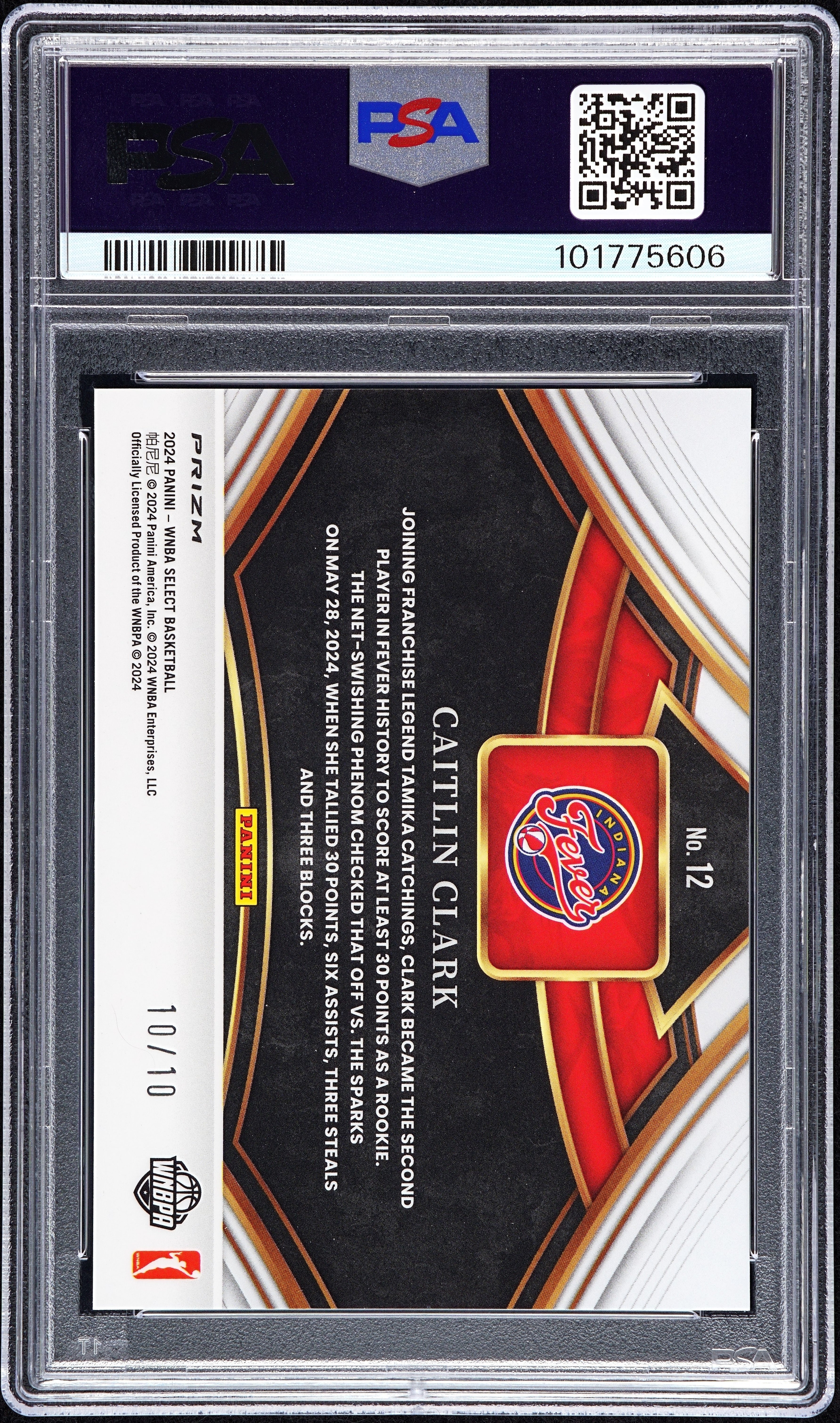 2024 Panini Select WNBA Snapshots Caitlin Clark #12 Gold Prizm PSA 8