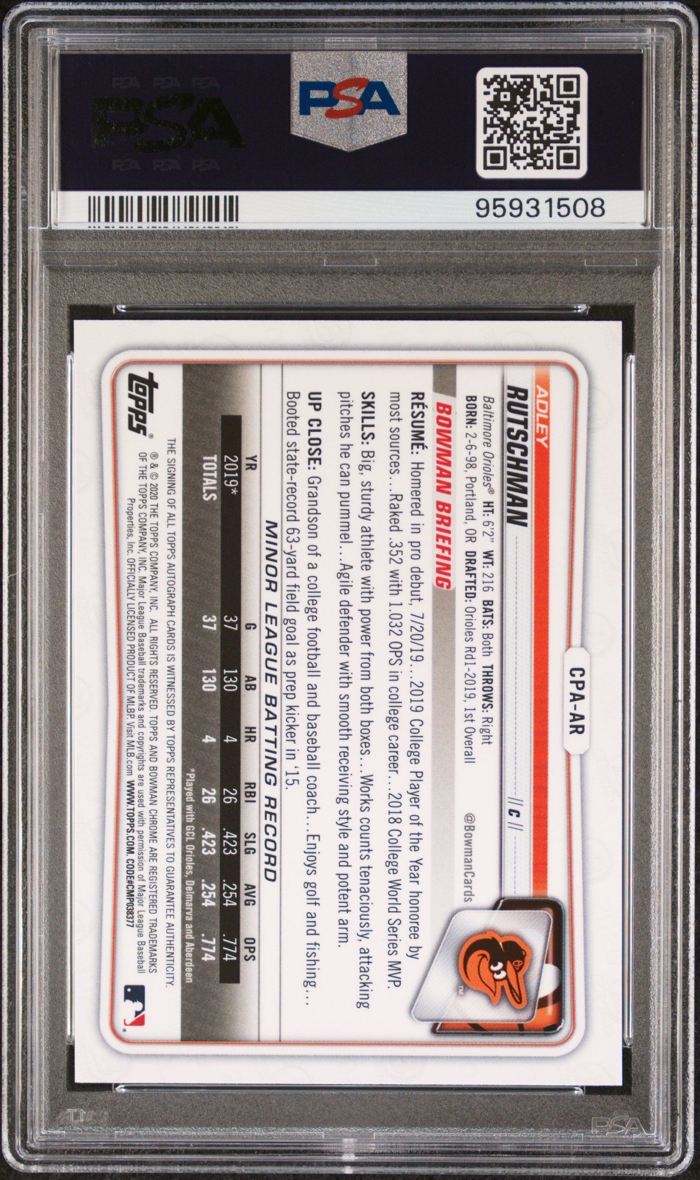 2020 Bowman Chrome Prospect Autographs Adley Rutschman #CPAAR Pros. Auto Yellow Refractor PSA 8