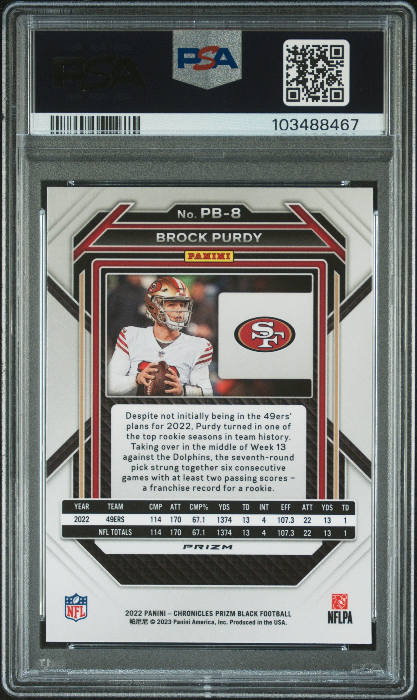 2022 Panini Chronicles Prizm Black Brock Purdy #PB8 Silver PSA 10