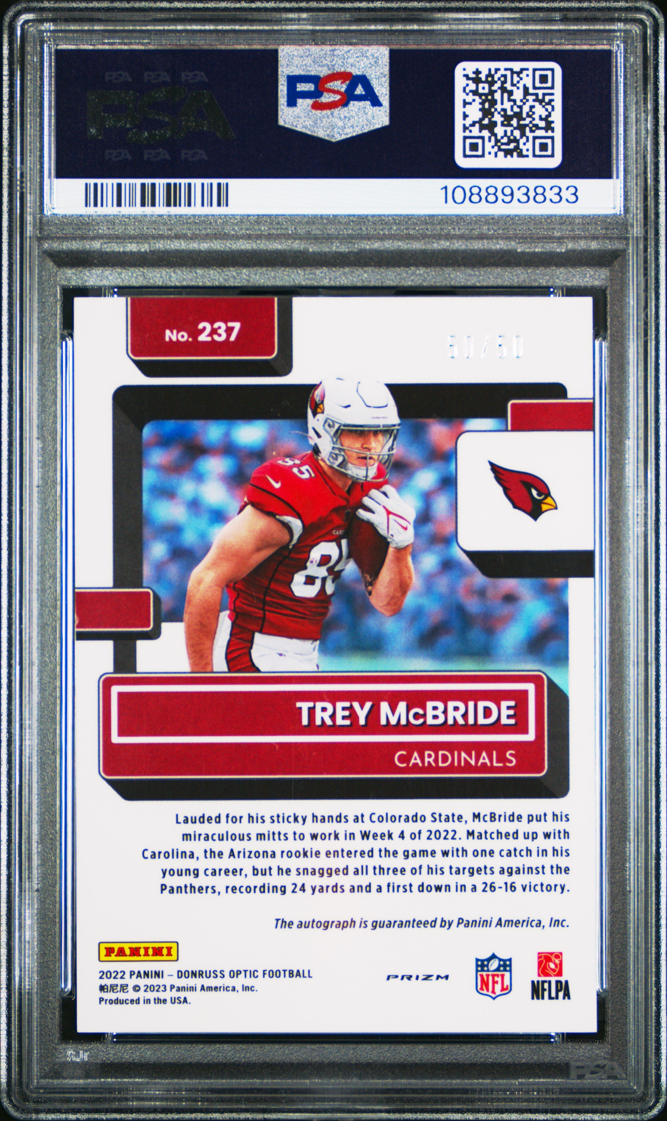 2022 Panini Donruss Optic Trey Mcbride #237 Autograph Pink Velocity PSA 8