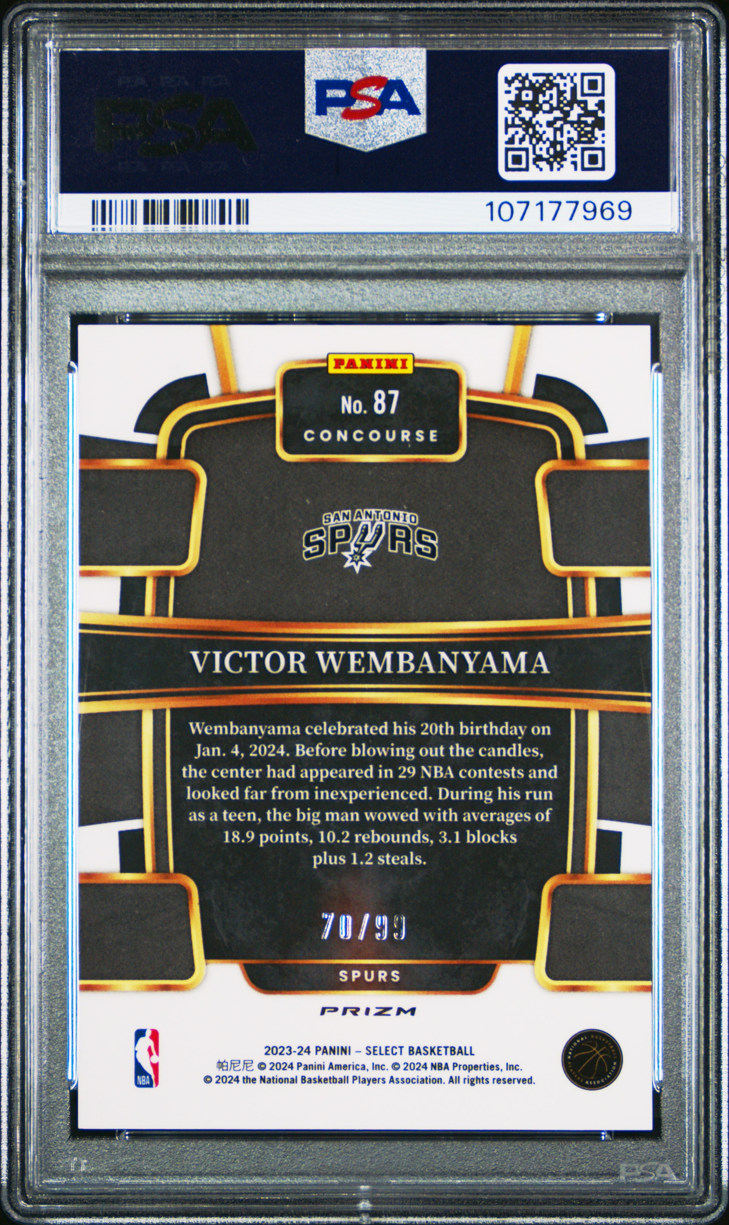 2023 Panini Select Victor Wembanyama #87 Light Blue Disco PSA 10