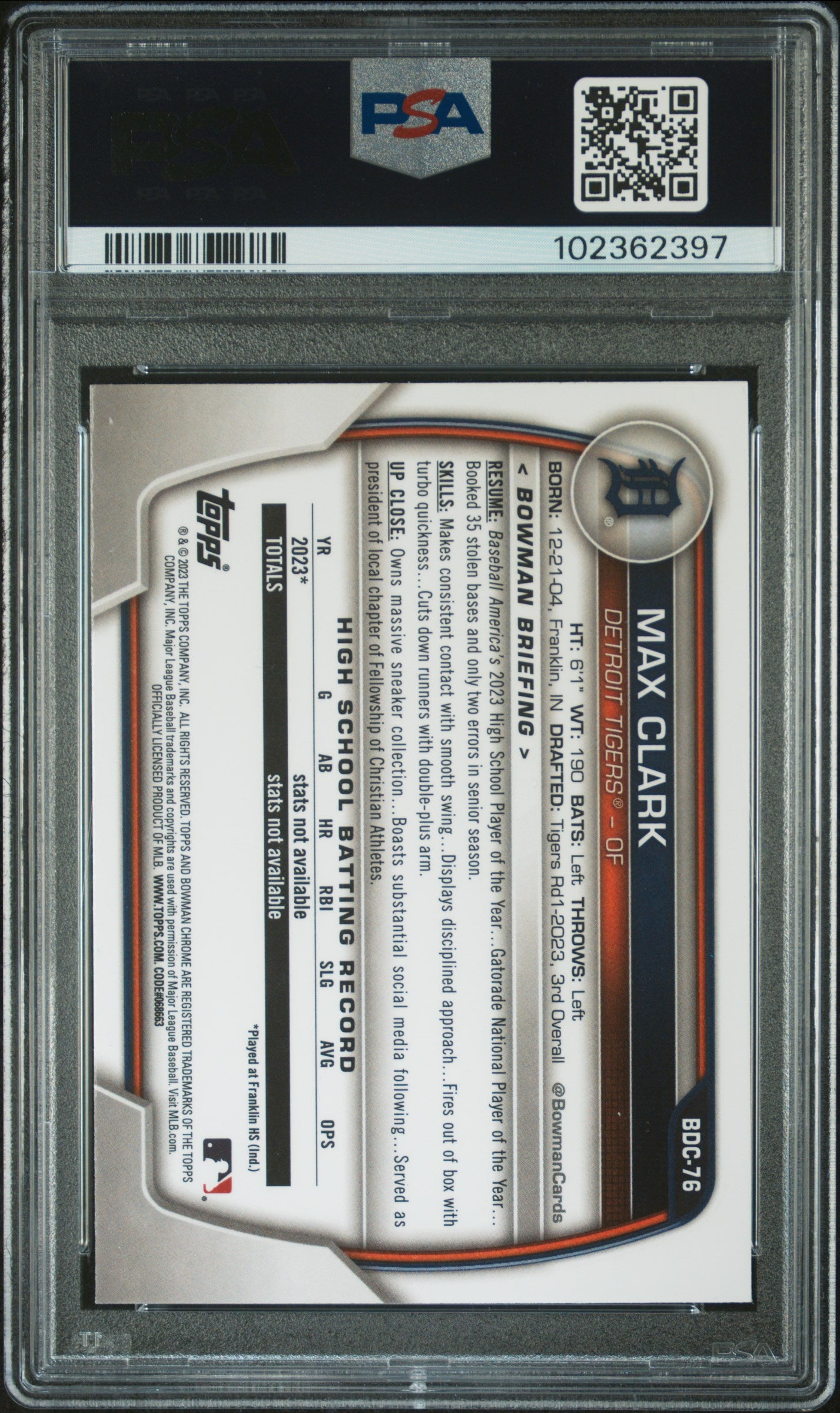 2023 Bowman Draft Max Clark #BDC76 Chrome Fuchsia Lunar Ref PSA 10