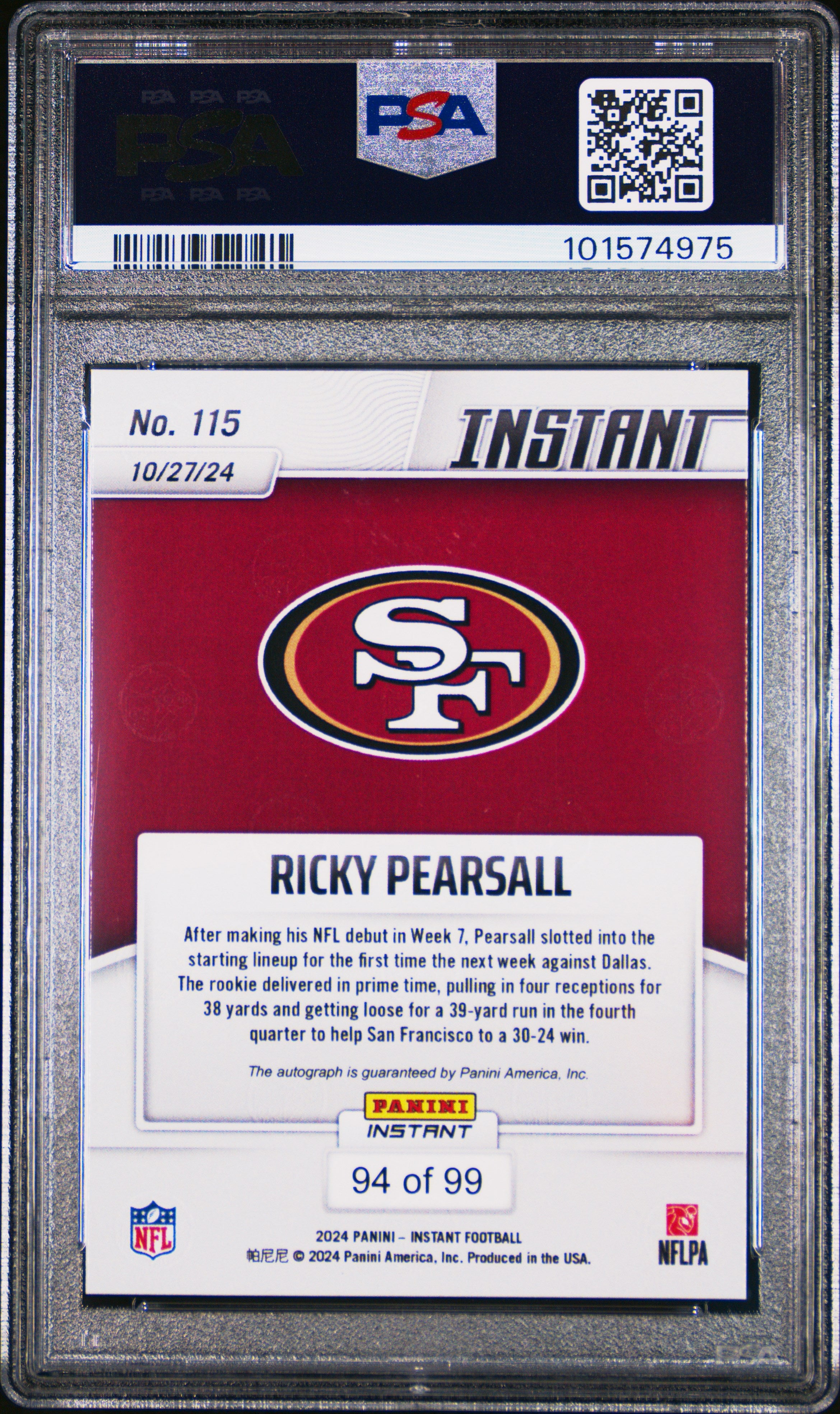 2024 Panini Instant NFL Ricky Pearsall #115 Autograph PSA 10