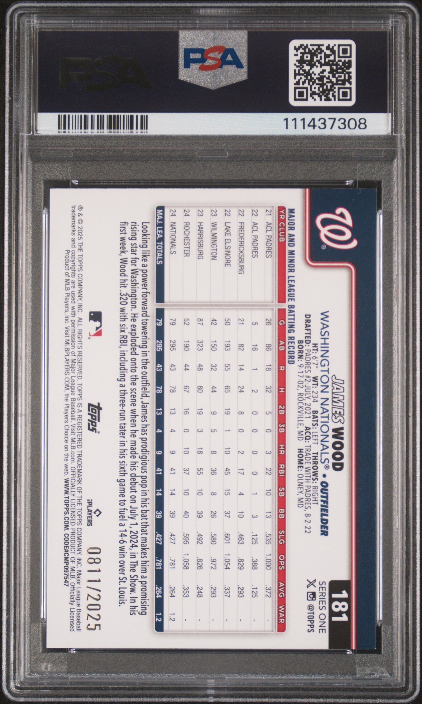 2025 Topps James Wood #181 Gold PSA 9