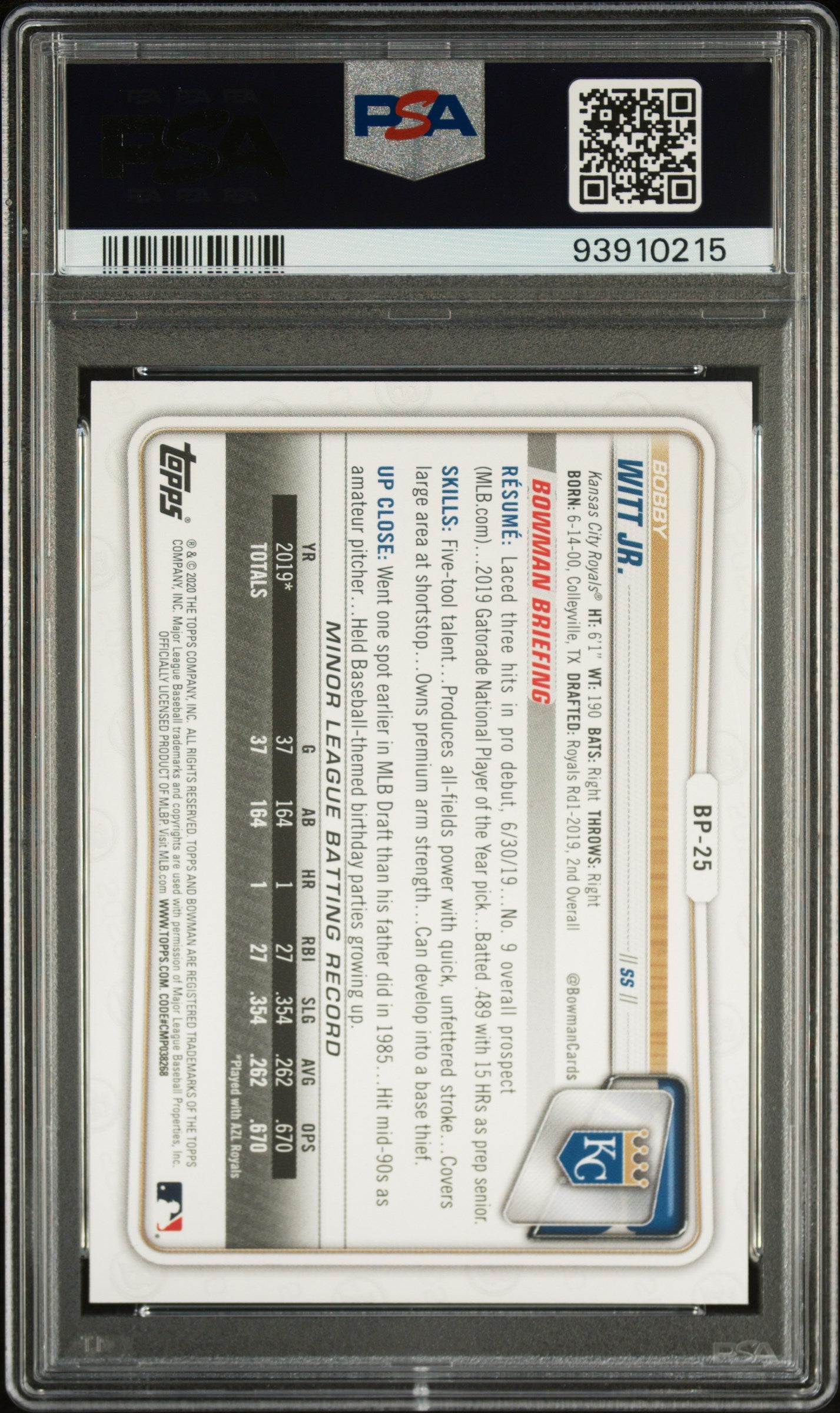 2020 Bowman Paper Prospects Bobby Witt JR. #BP25 PSA 10