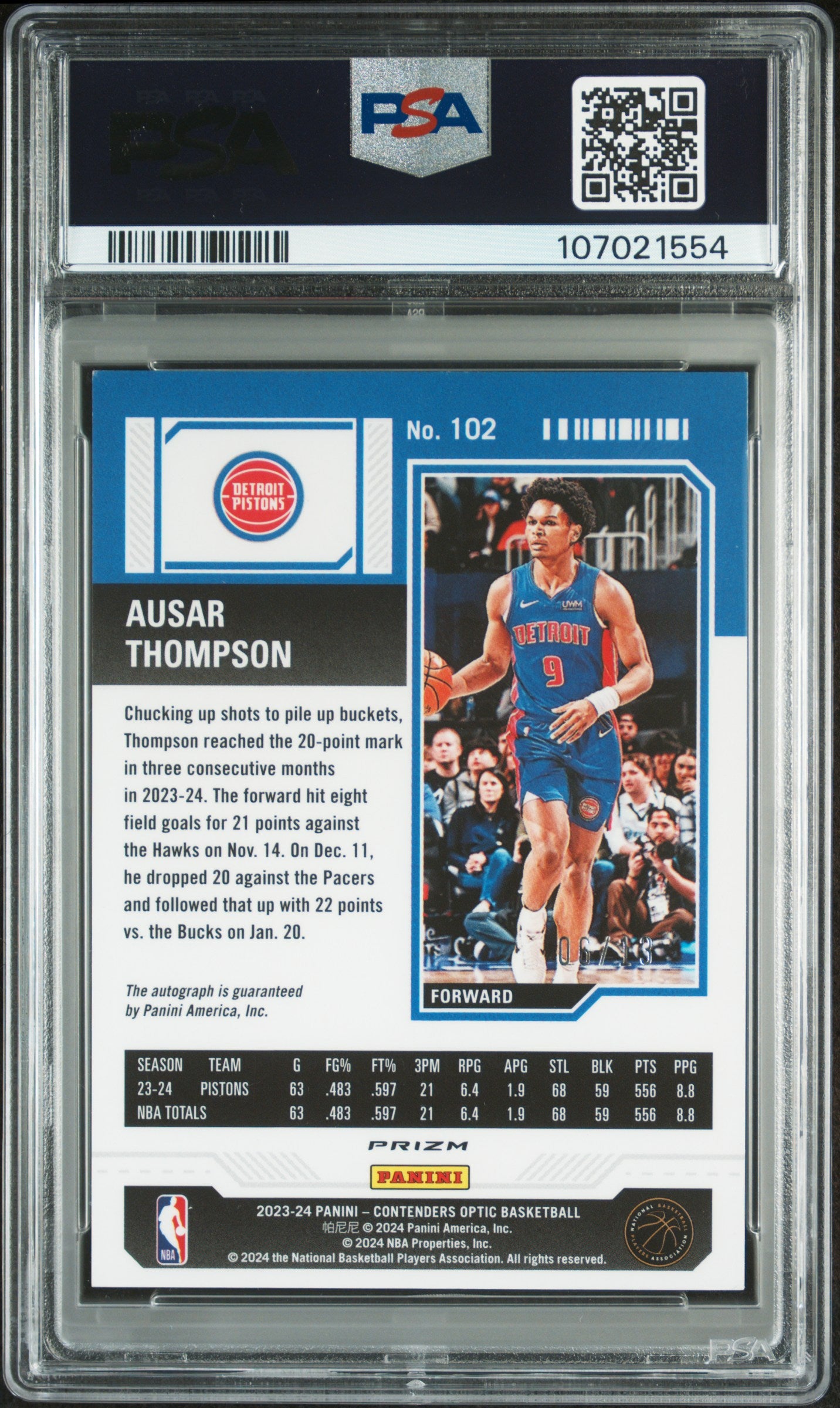 2023 Panini Contenders Optic Ausar Thompson #102 Autograph Pink Fotl PSA 9