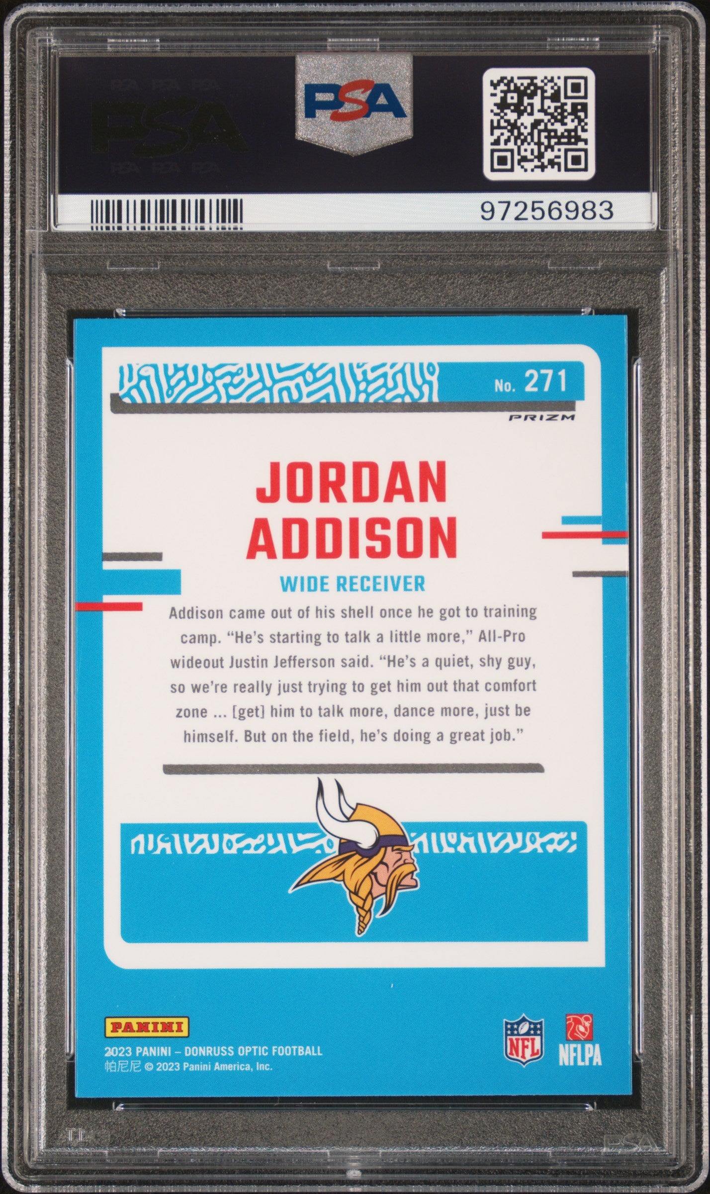 2023 Panini Donruss Optic Jordan Addison #271 Blue Hyper PSA 10