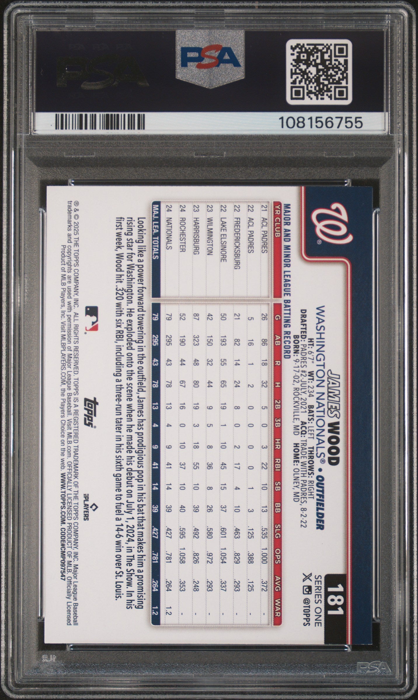 2025 Topps James Wood #181 Rainbow Foil PSA 10