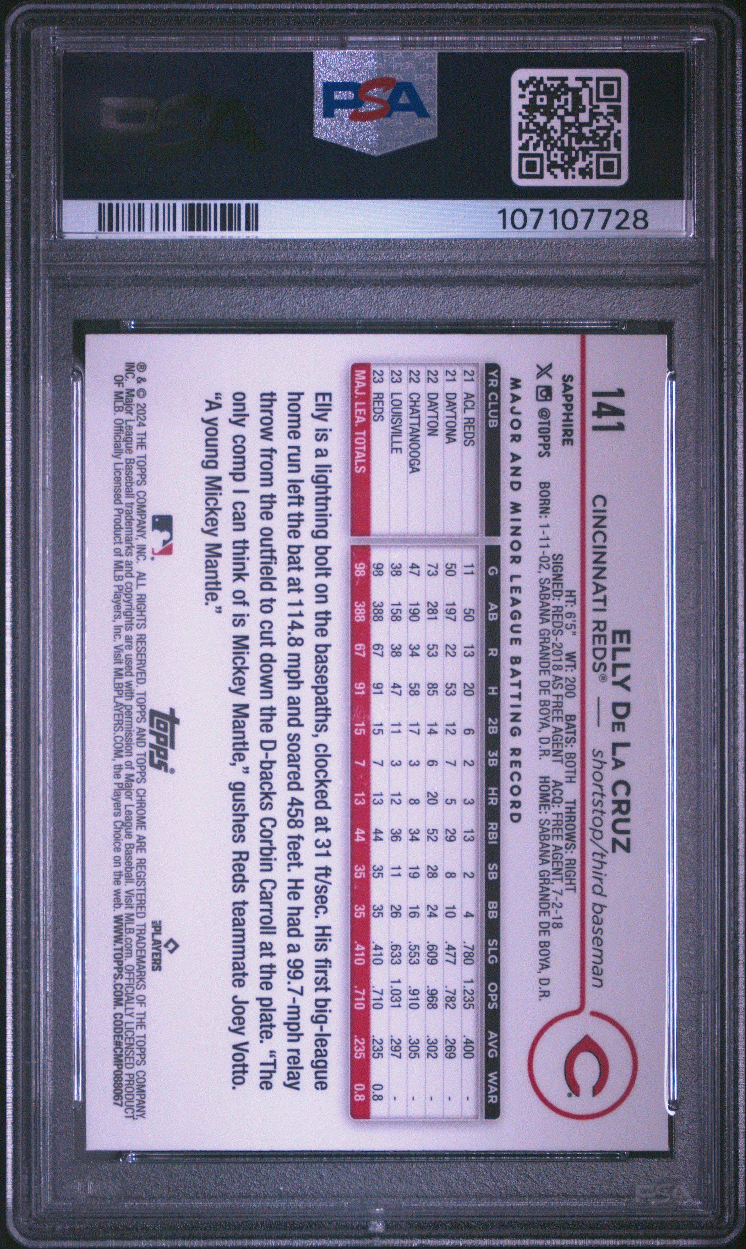 2024 Topps Chrome Sapphire Elly De La Cruz #141 PSA 10