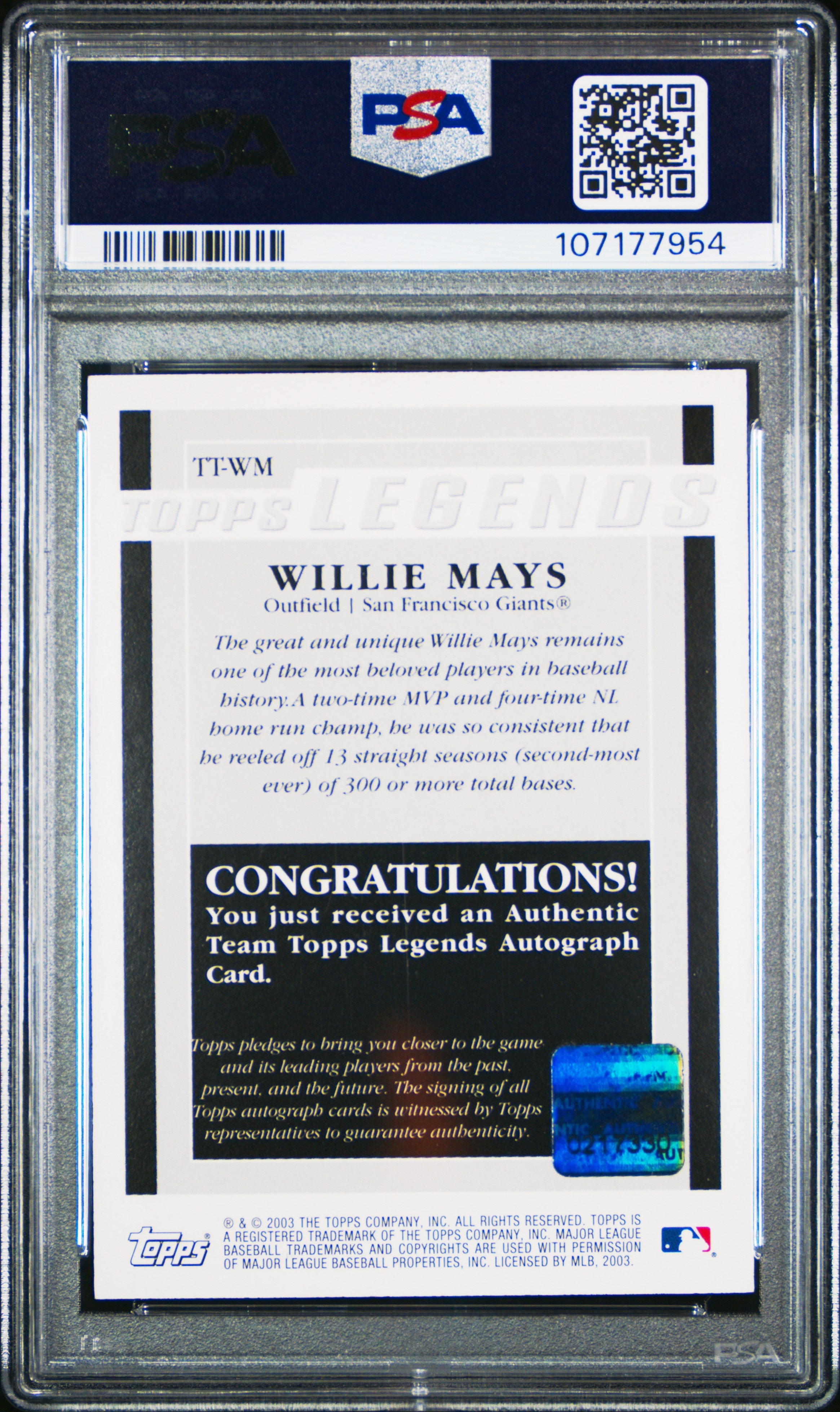 2003 Topps Team Topps Legends Autograph Willie Mays #TT-WM PSA 10