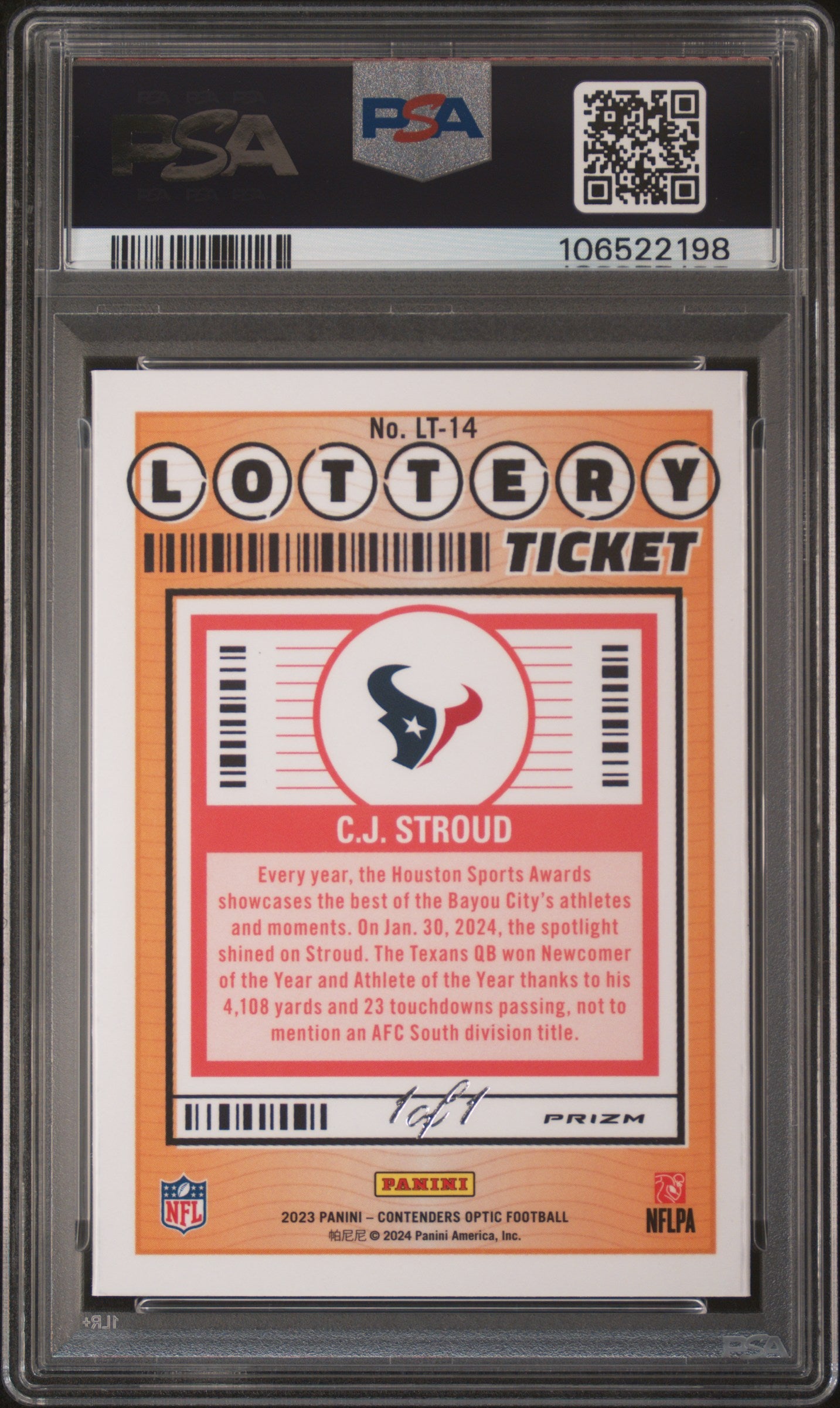 2023 Panini Contenders Optic Lottery Ticket CJ Stroud #LT14 Gold Vinyl 1/1 PSA 8