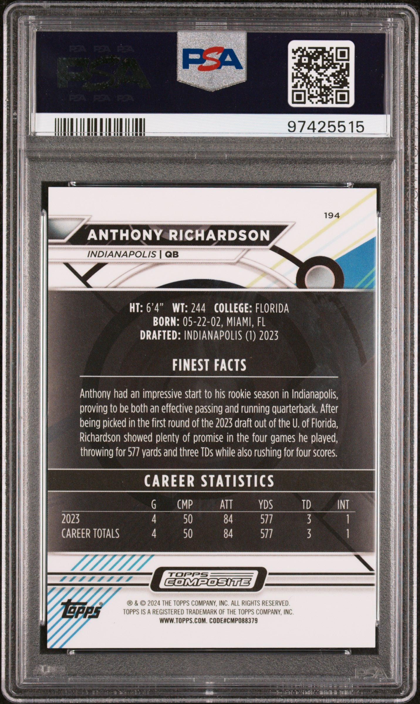 2023 Topps Composite Anthony Richardson #194 Gold Geometric PSA 10