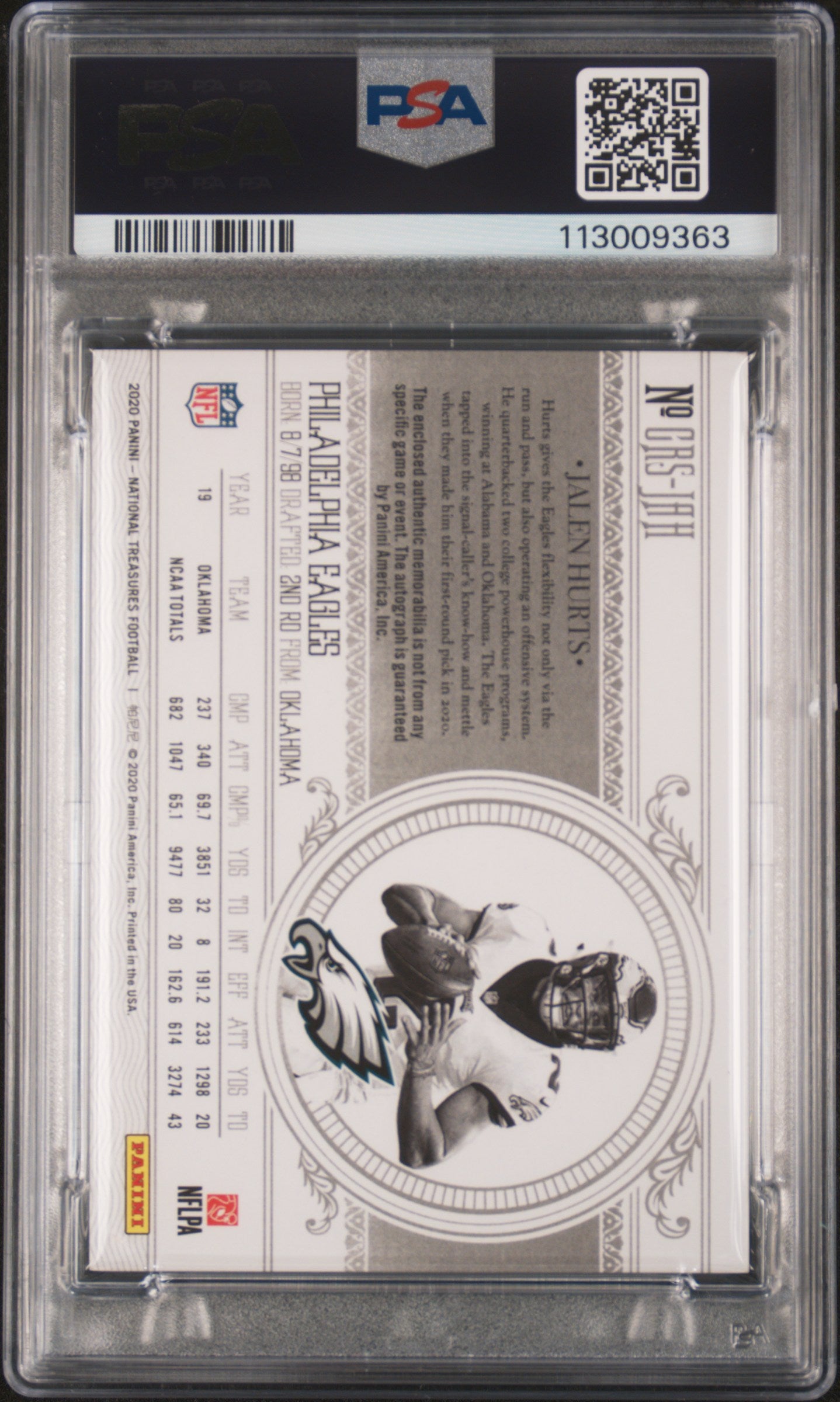2020 Panini National Treasures Crossover Rookie Patch Autographs Jalen Hurts #JAH RKE. Patch Autograph PSA 8