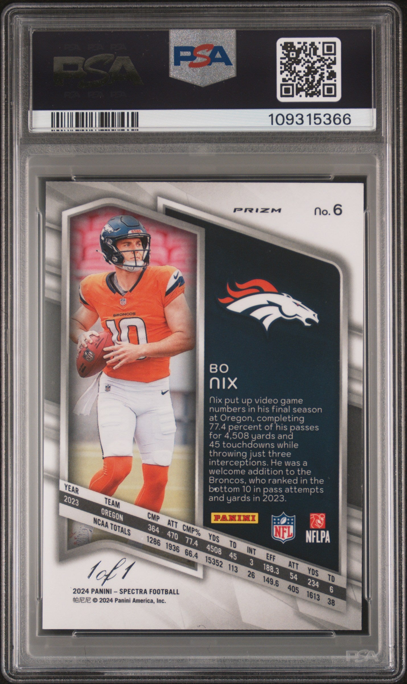 2024 Panini Spectra Bo Nix #6 Gold 1/1 PSA 9
