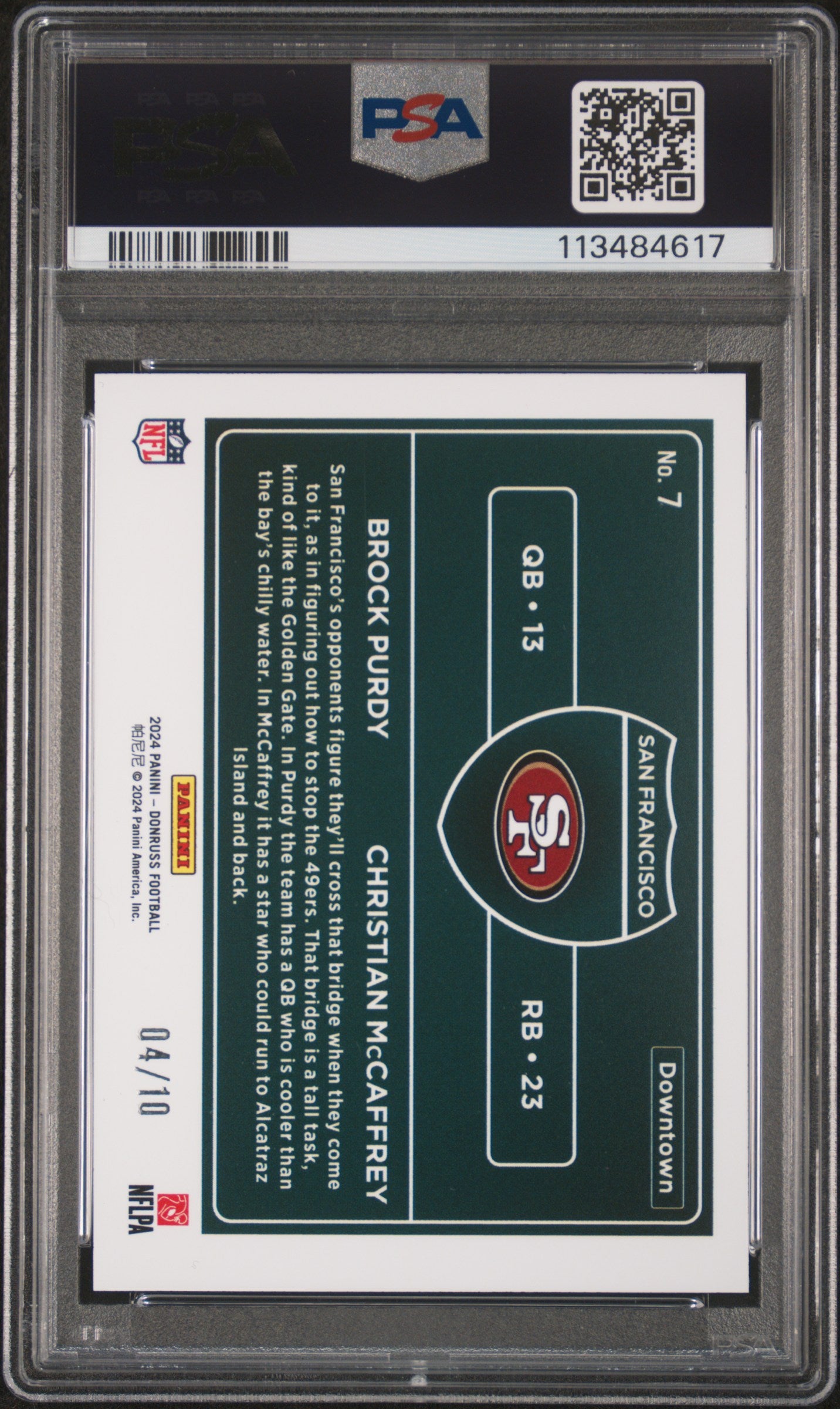 2024 Panini Donruss Downtown! Horizontal Mccaffrey Purdy #7 Gold PSA 10