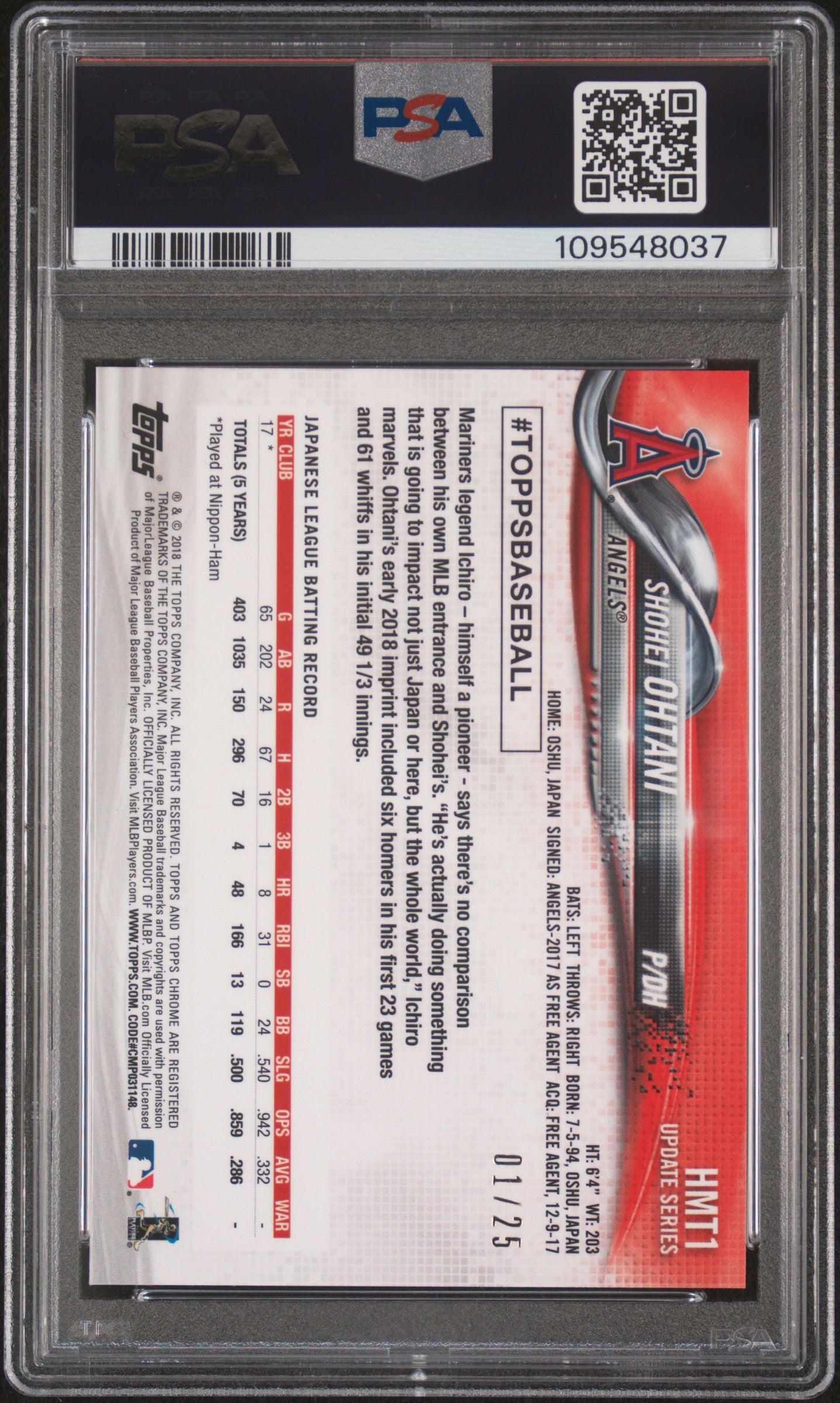 2018 Topps Chrome Update Shohei Ohtani #HMT1 Red Refractor PSA 10