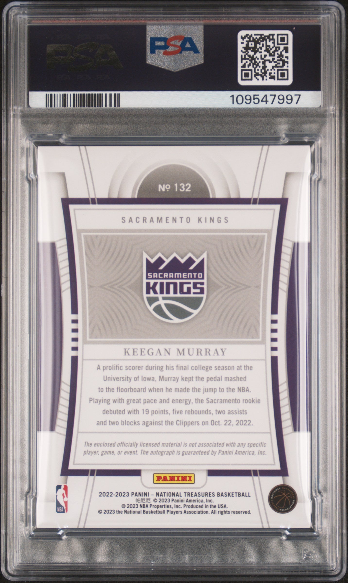 2022 Panini National Treasures Keegan Murray #132 Patch Autograph PSA 9
