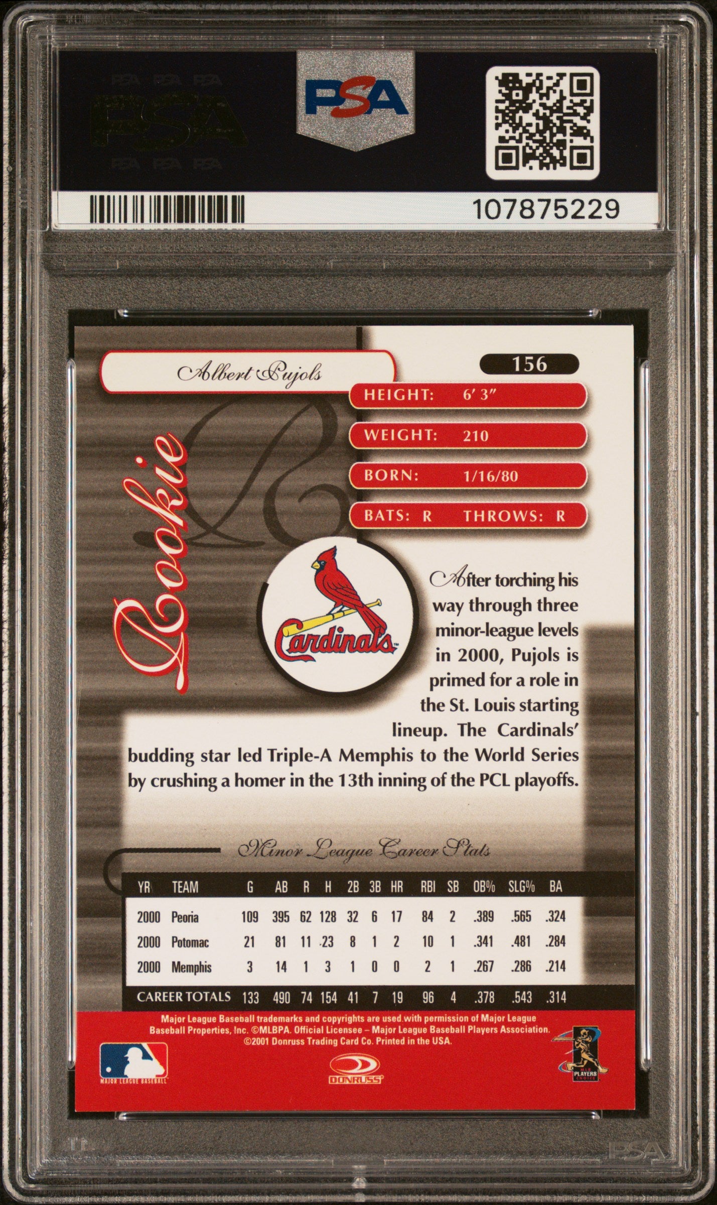 2001 Donruss Elite Albert Pujols #156 0127/1000 PSA 9