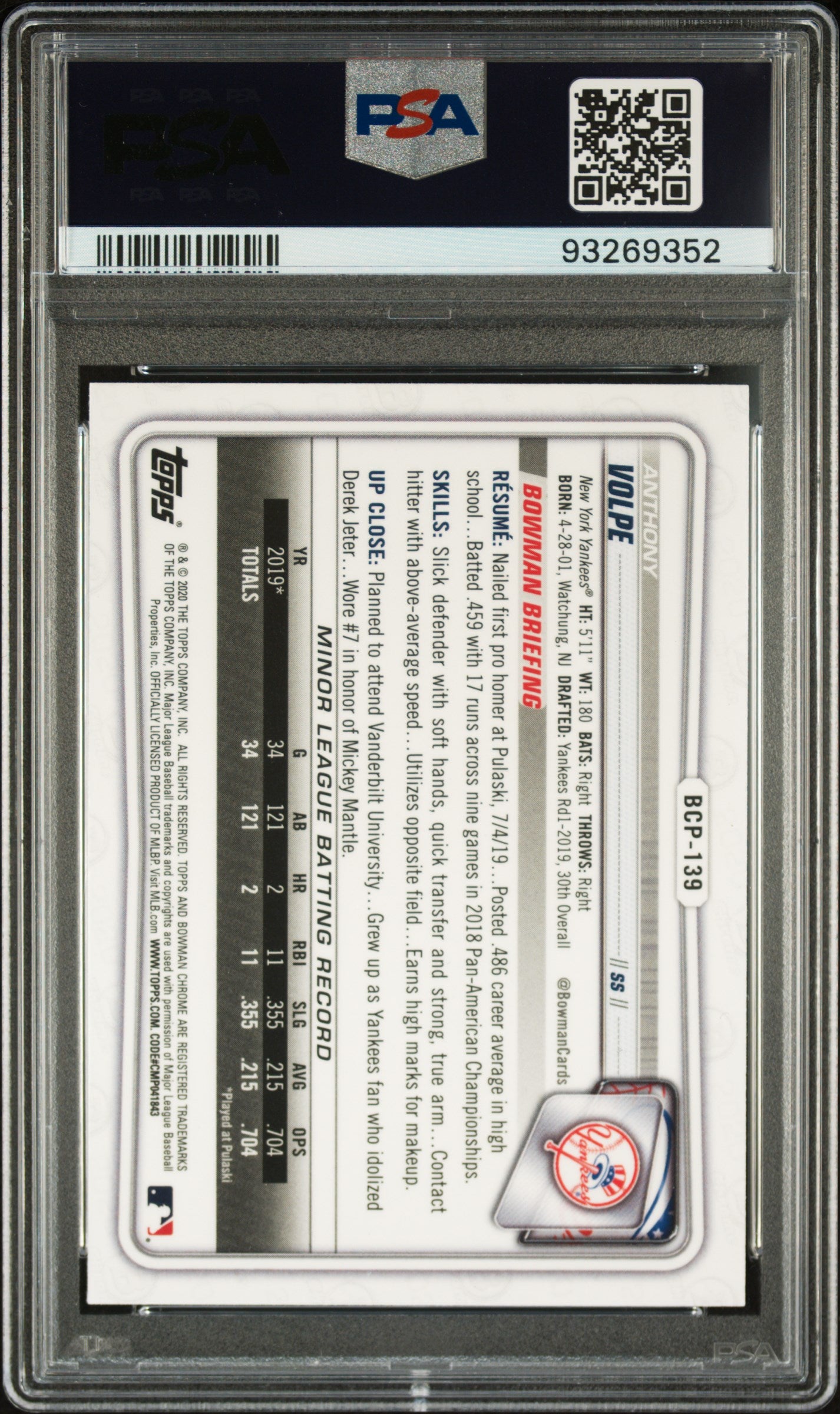 2020 Bowman Chrome Sapphire Edition Anthony Volpe #BCP139 PSA 10