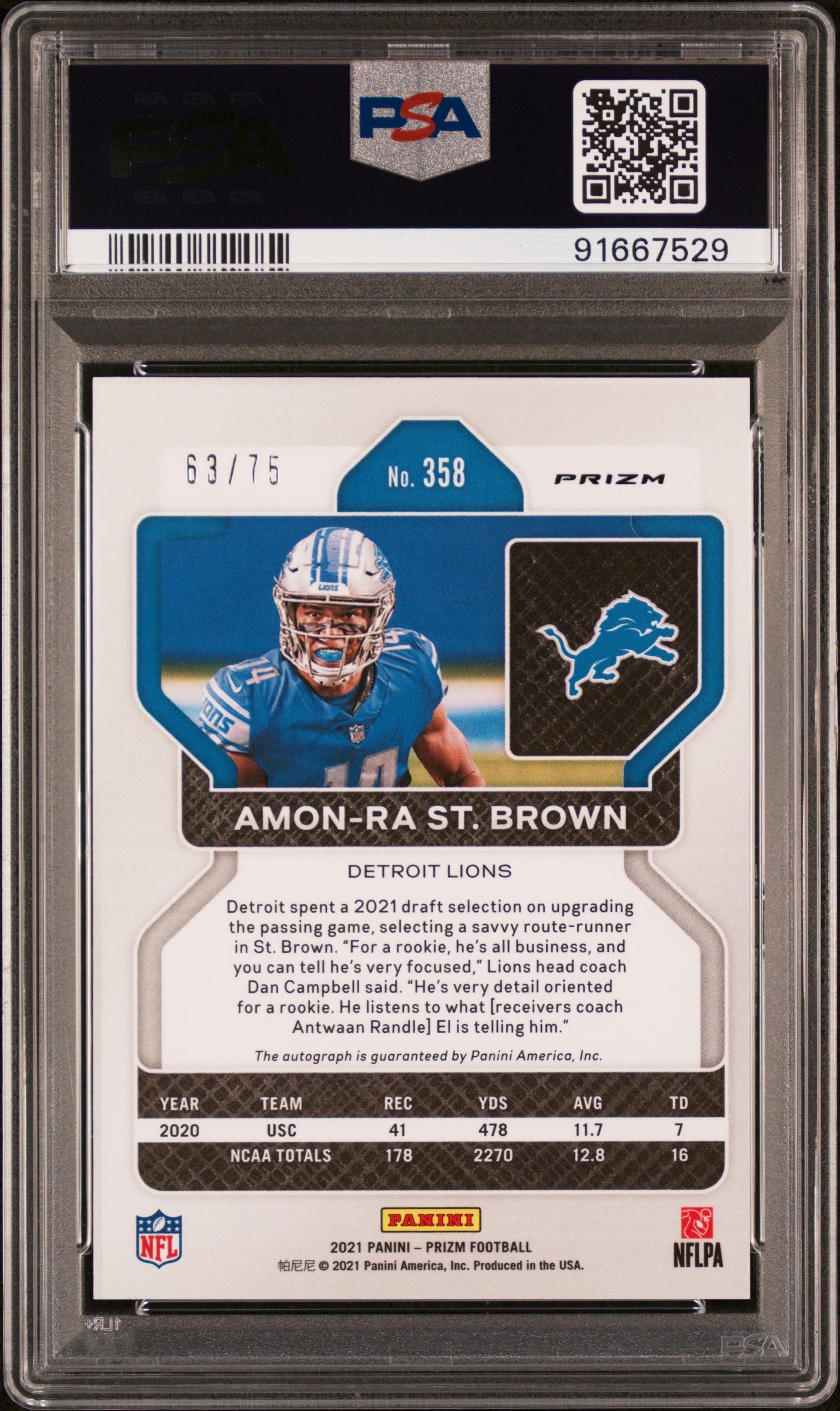 2021 Panini Prizm Amon-Ra ST. Brown #358 Autograph Green Scope PSA 10