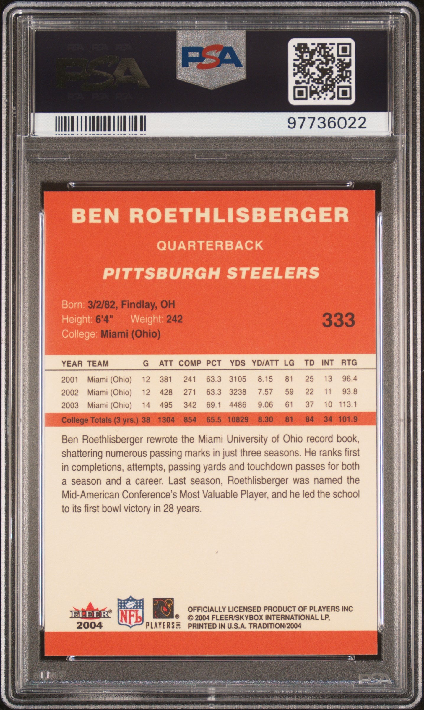 2004 Fleer Tradition Ben Roethlisberger #333 PSA 10