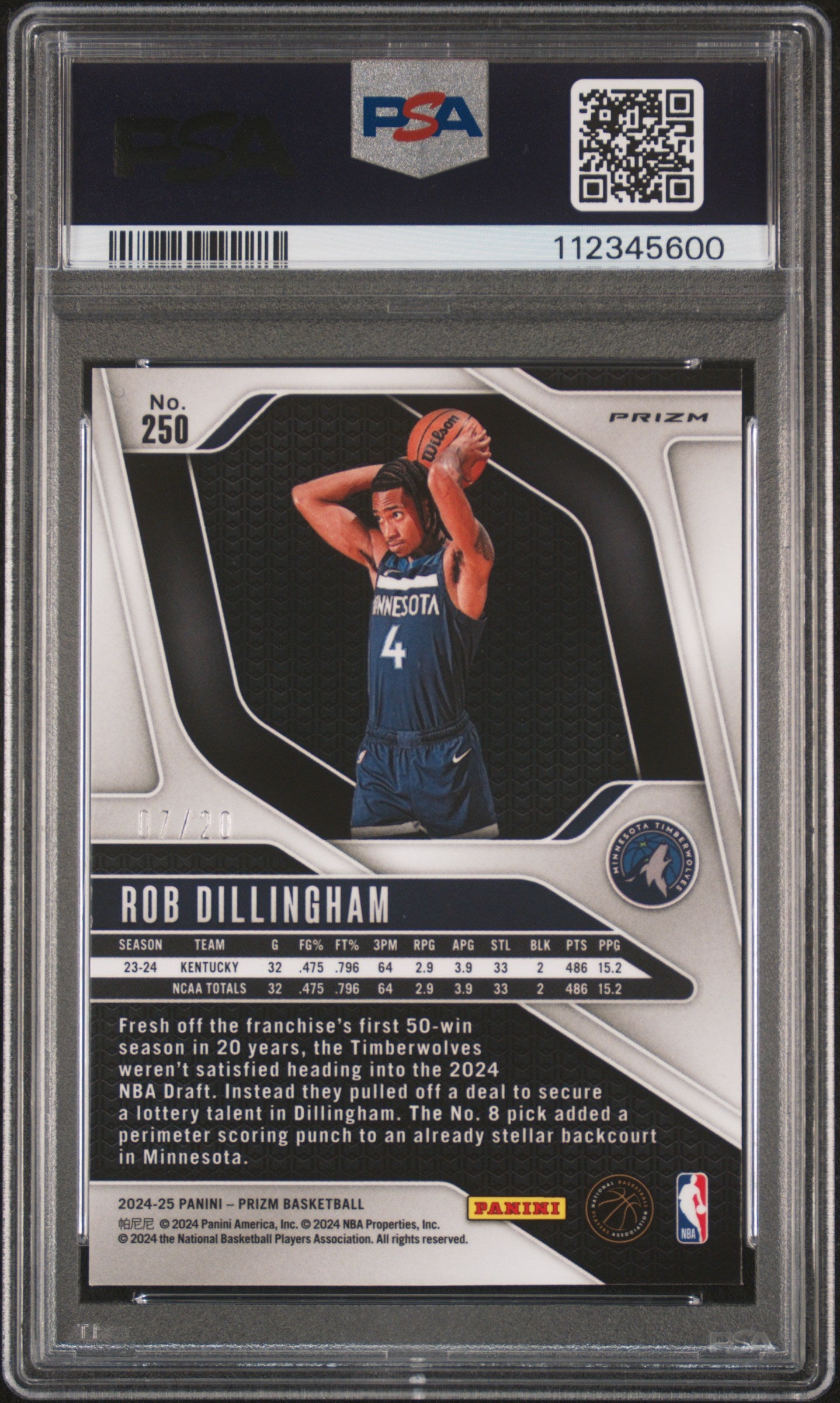 2024 Panini Prizm Rob Dillingham #250 Cherry Blossom Choice PSA 9