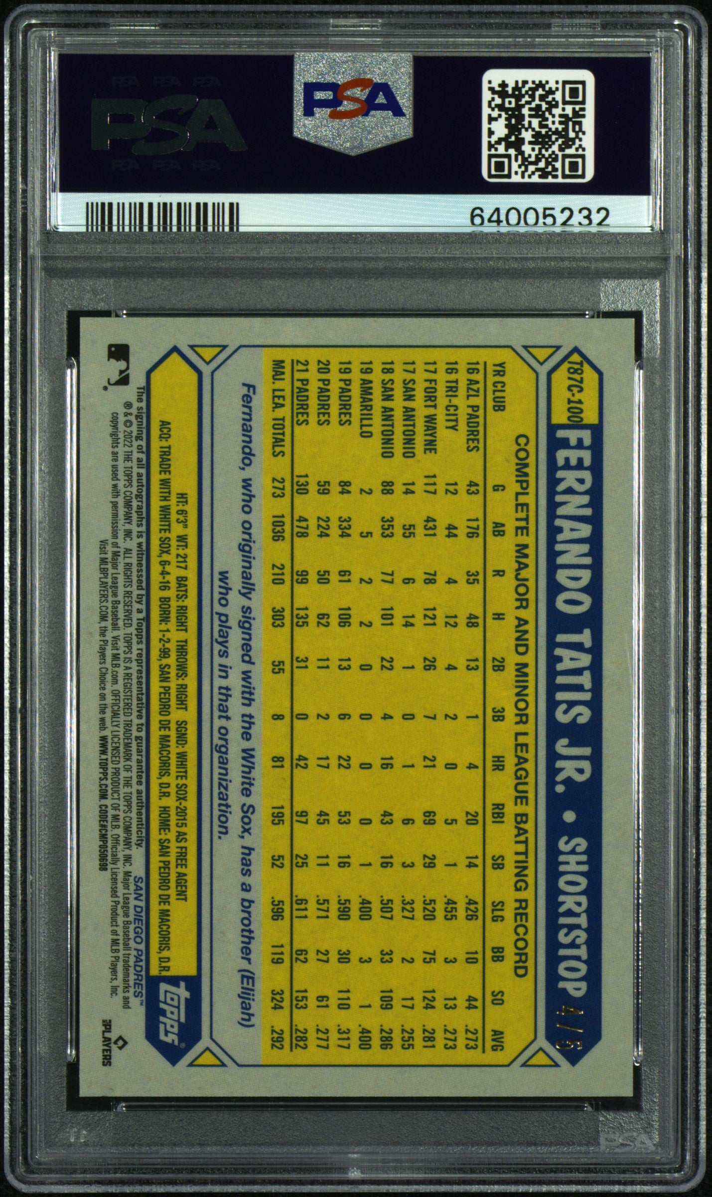 2022 Topps Silver Pack 1987 Chrome Promo Fernando Tatis JR. #T87C100 Autograph Red Refractor PSA 9