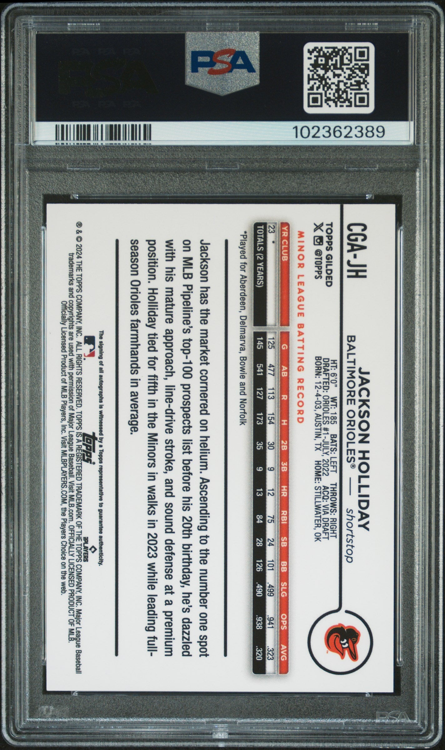 2024 Topps Gilded Collection Topps Chrome Gold Autographs Jackson Holliday #CGAJH Yellow 68 / 75 PSA 10