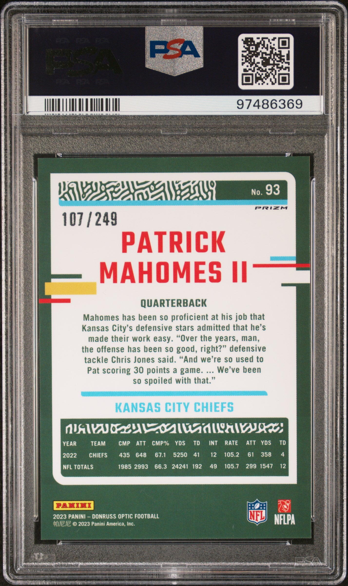 2023 Panini Donruss Optic Patrick Mahomes II #93 Orange PSA 10