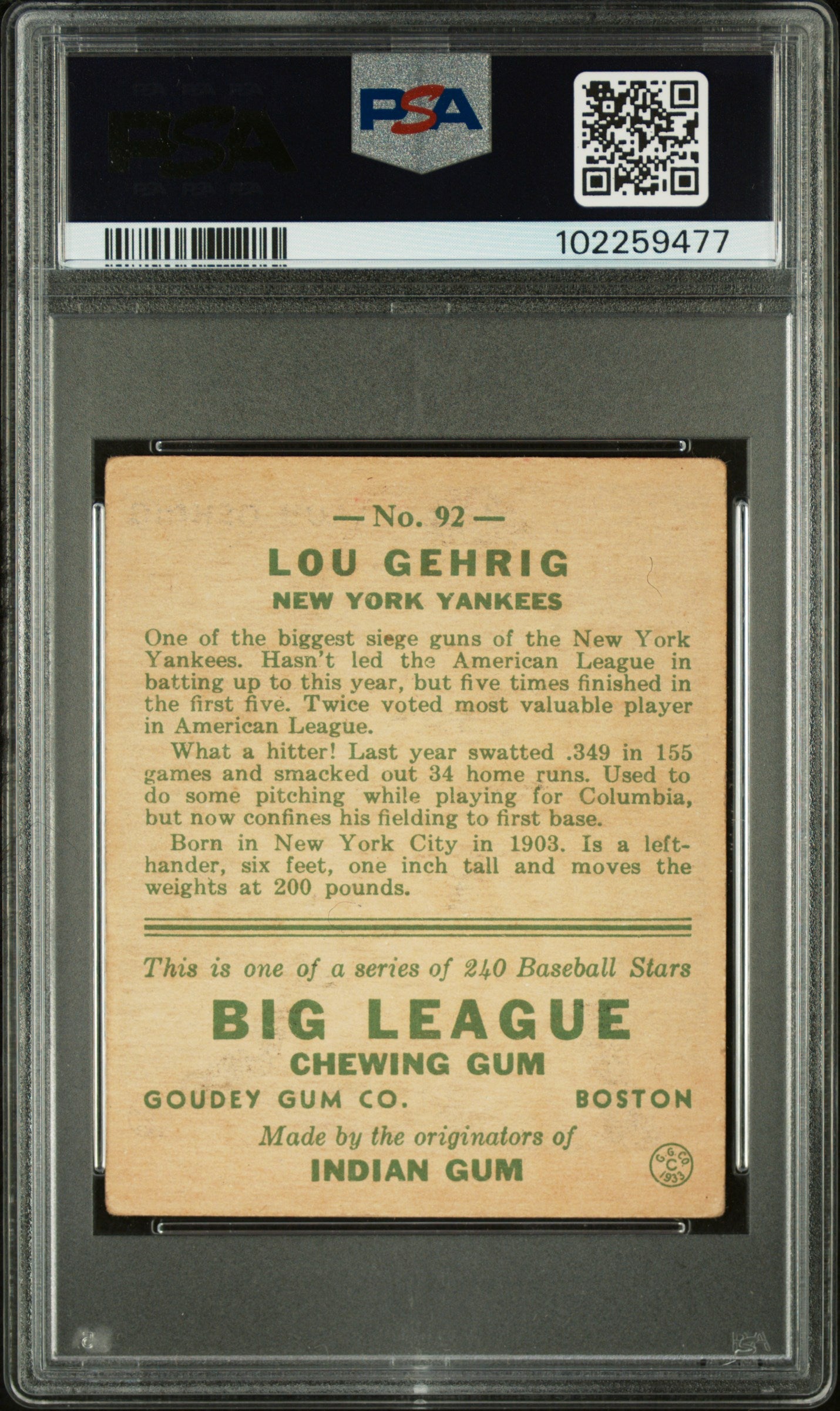1933 Goudey Lou Gehrig #92 PSA 3.5