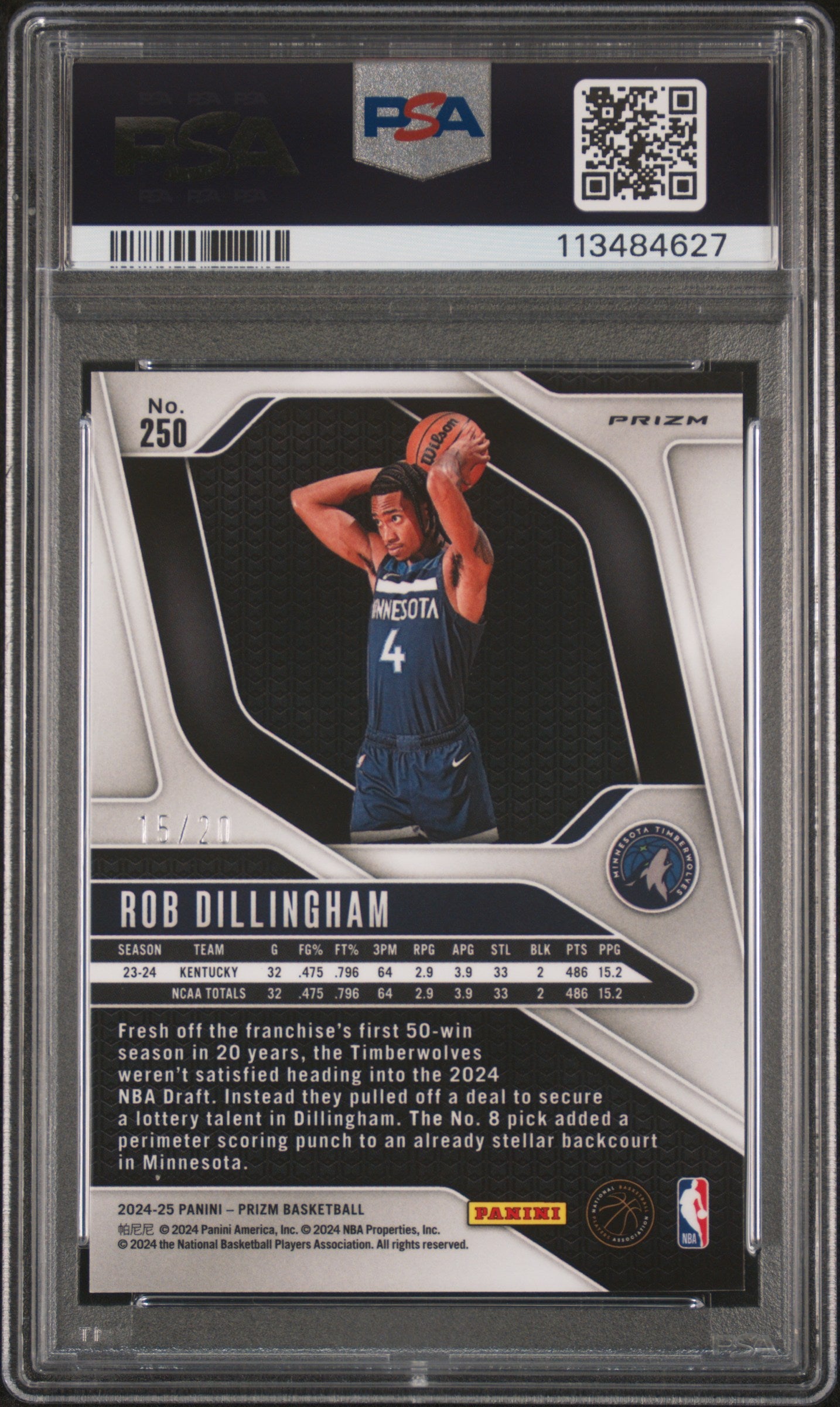 2024 Panini Prizm Rob Dillingham #250 Cherry Blossom Choice PSA 9