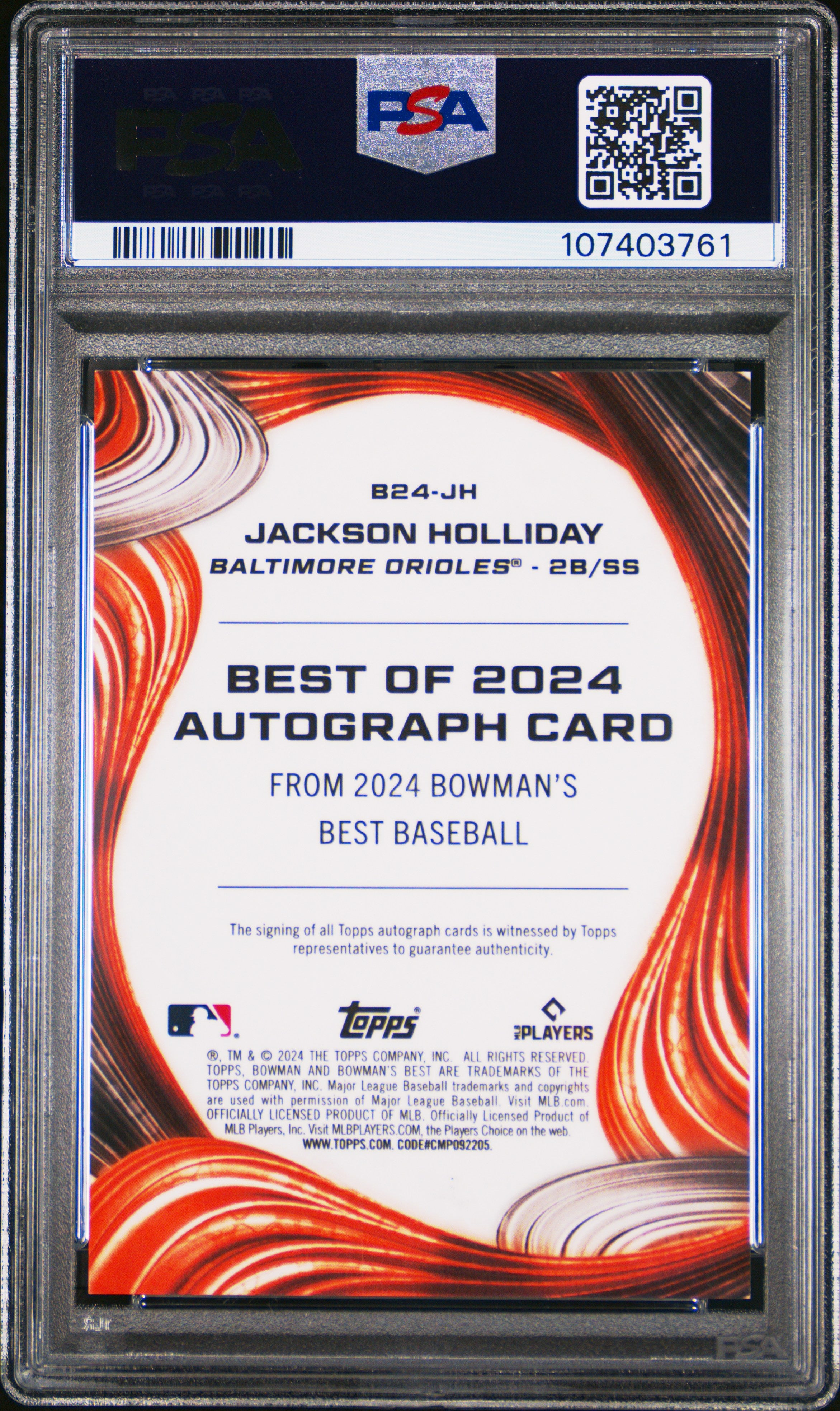 2024 Bowman's Best Best Of 2024 Autographs Jackson Holliday #B24JH Green Ref 12/99 PSA 10
