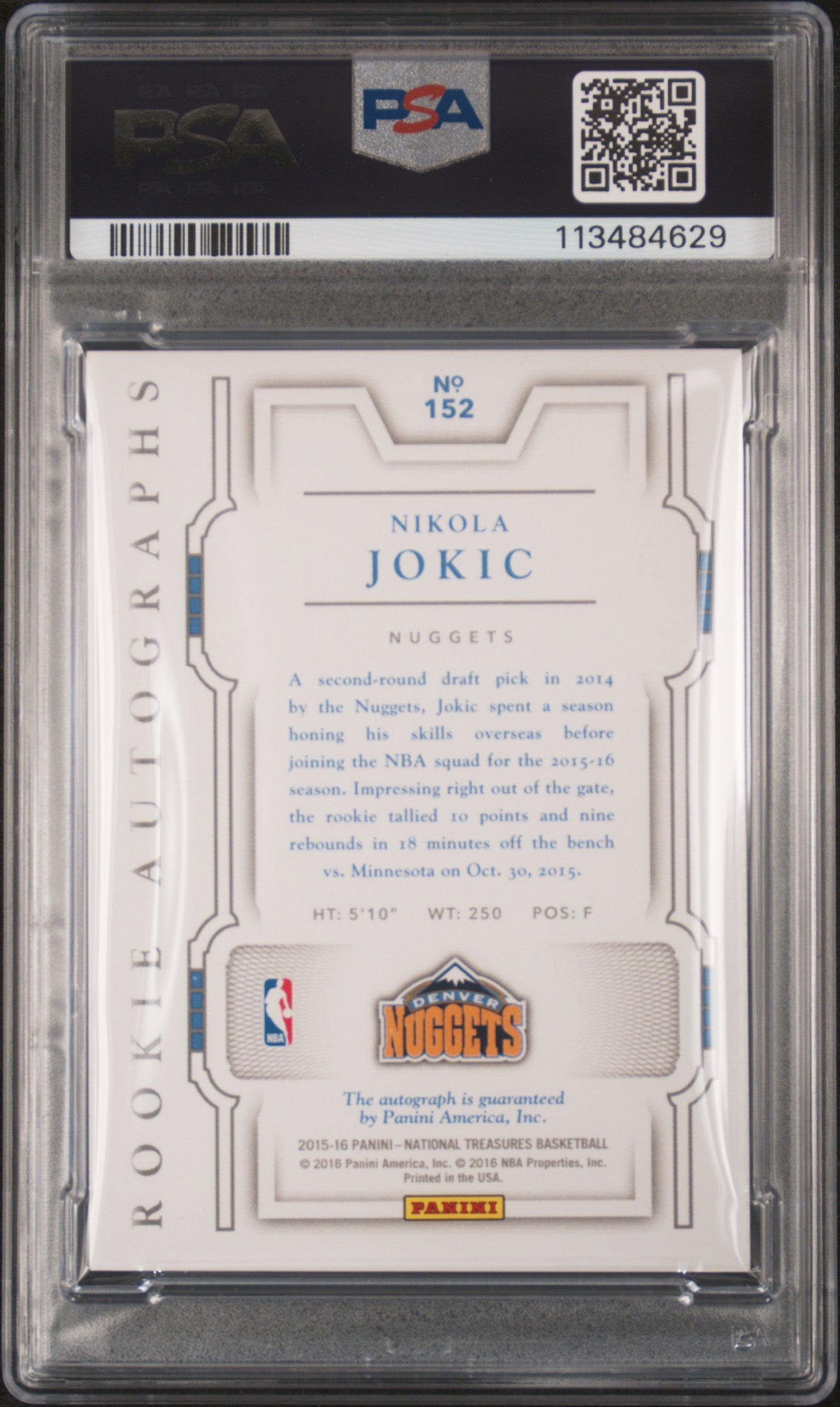 2015 Panini National Treasures Nikola Jokic #152 Autograph PSA 8
