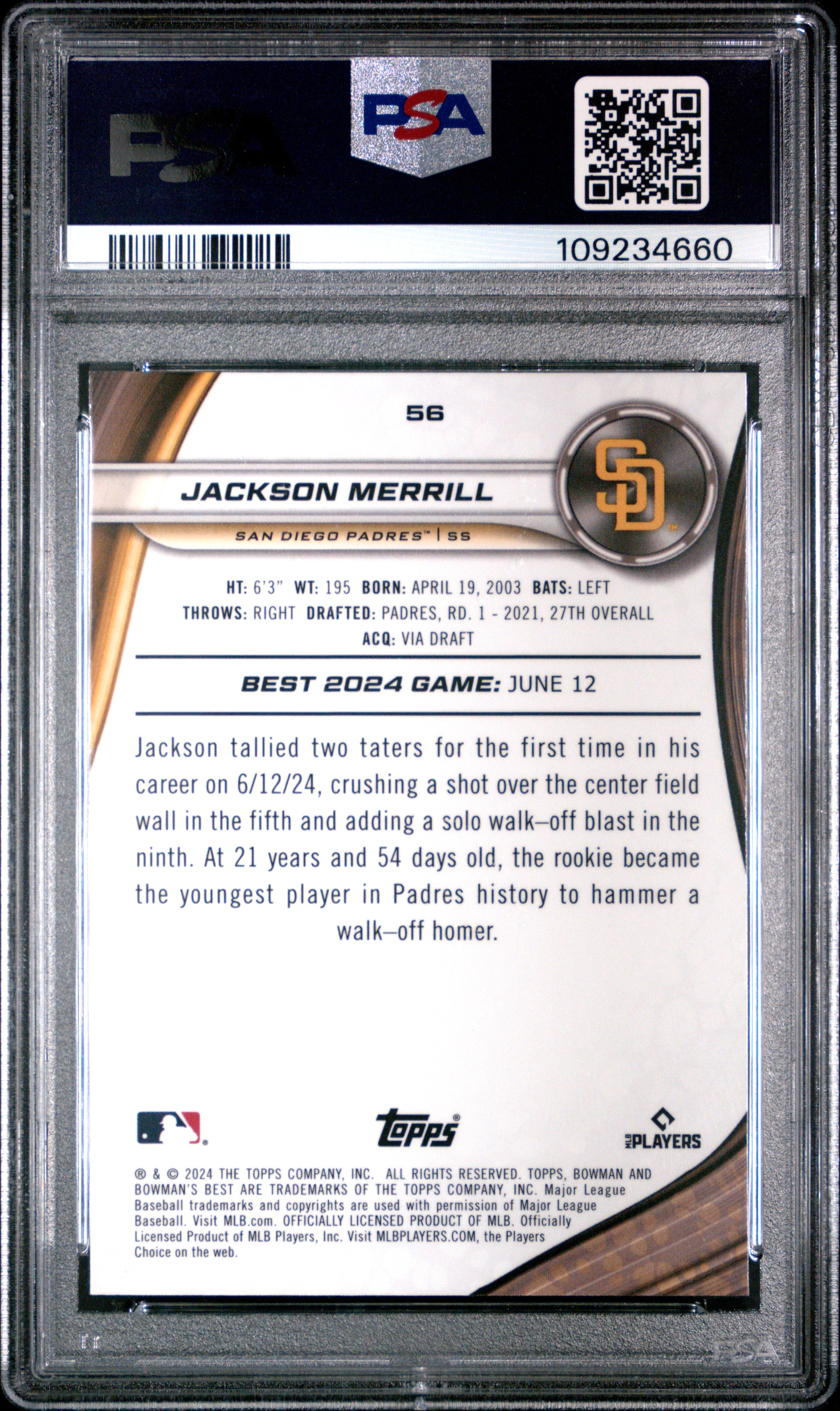 2024 Bowman's Best Jackson Merrill #56 Yellow Lazer PSA 10