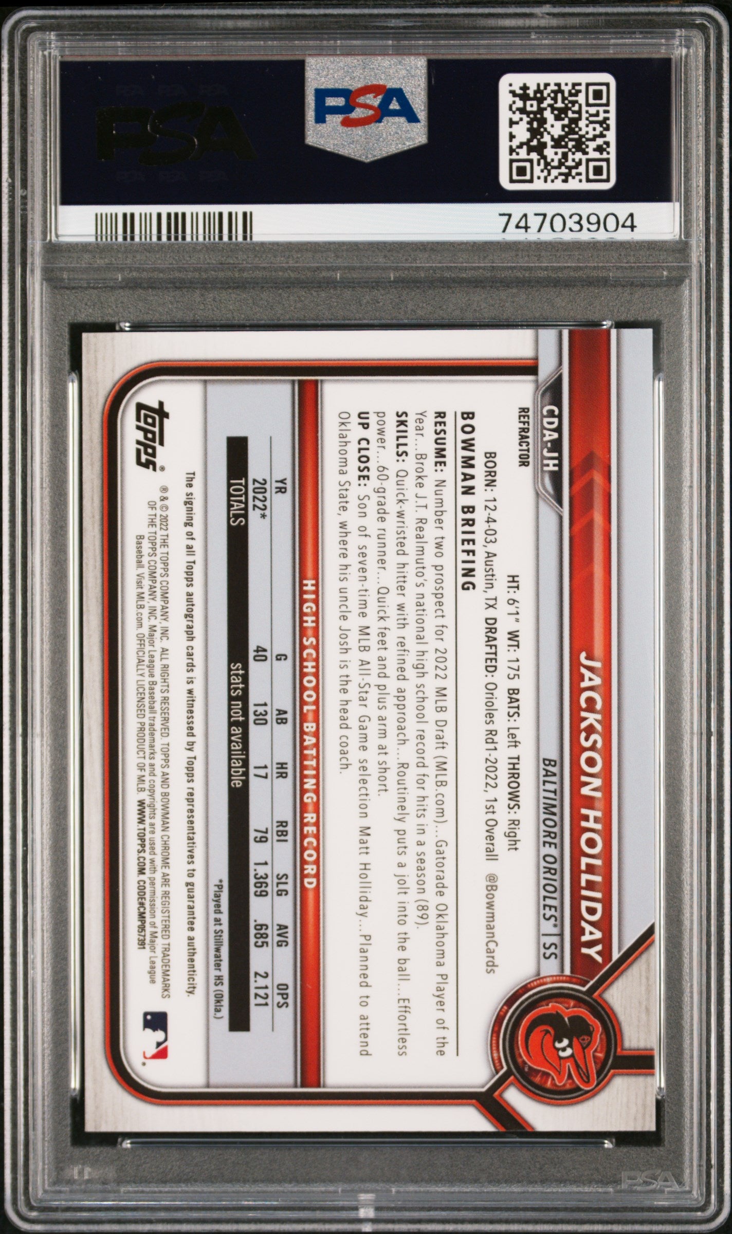 2022 Bowman Draft Chrome Draft Pick Autographs Jackson Holliday #CDAJH DP Refractor 484/499 PSA 9