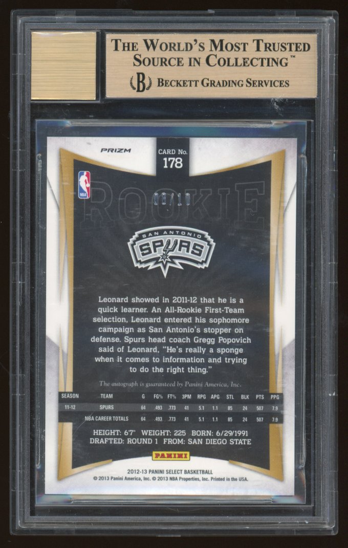 2012 Select Prizms Gold Kawhi Leonard #178 BGS 10 Auto 10