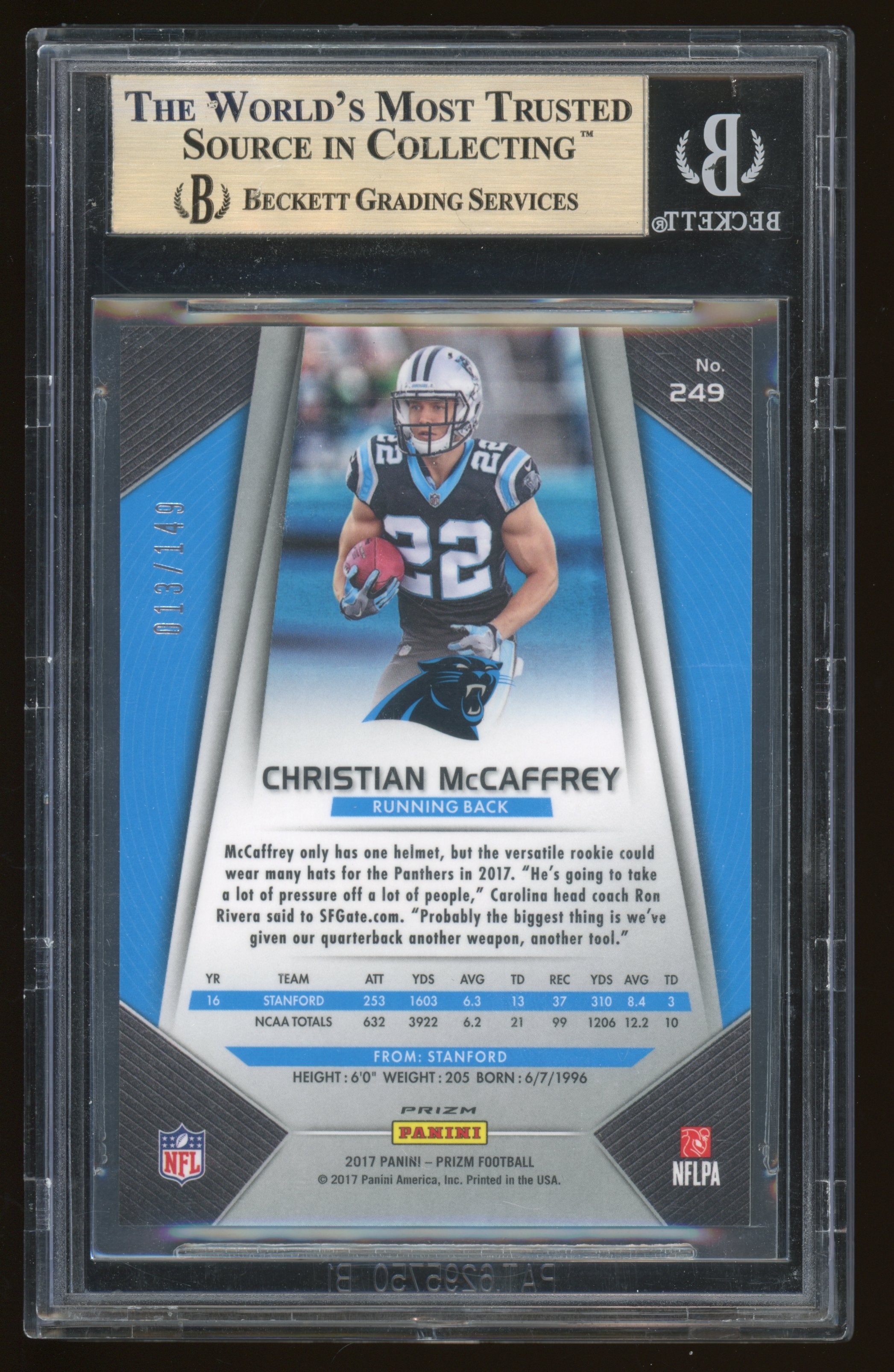 2017 Panini Prizm Christian McCaffrey Blue Wave #249 BGS 9.5