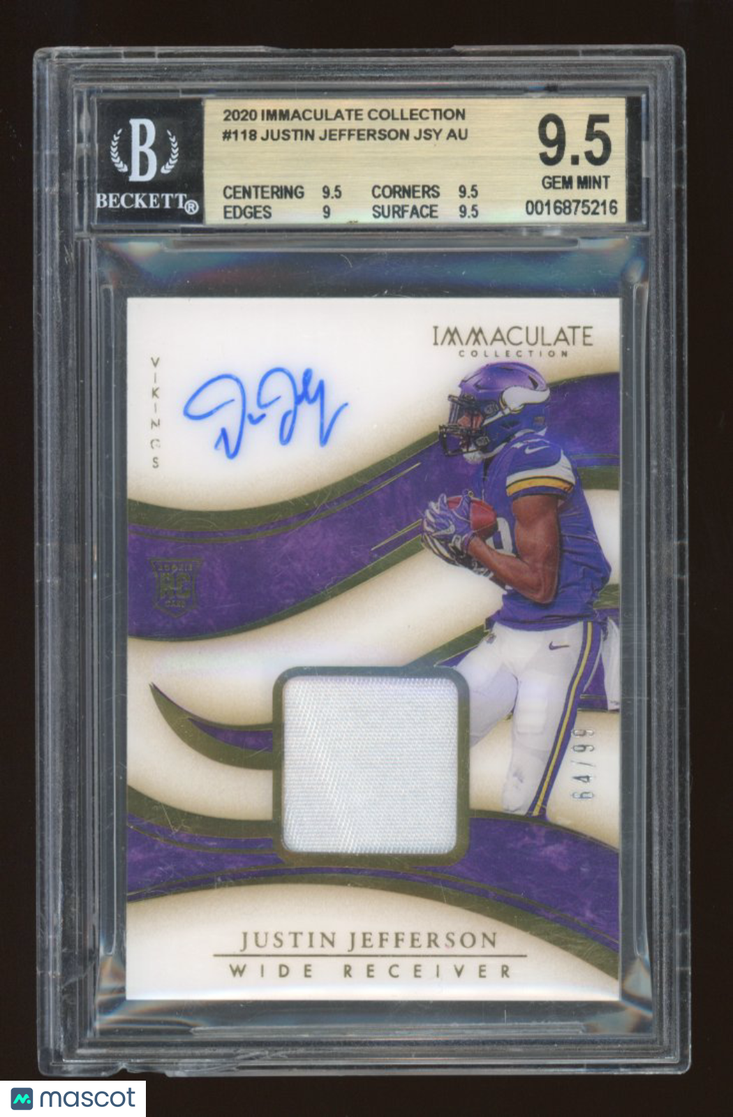 2020 Immaculate Collection Justin Jefferson JSY RC #118 BGS 9.5 Auto 9